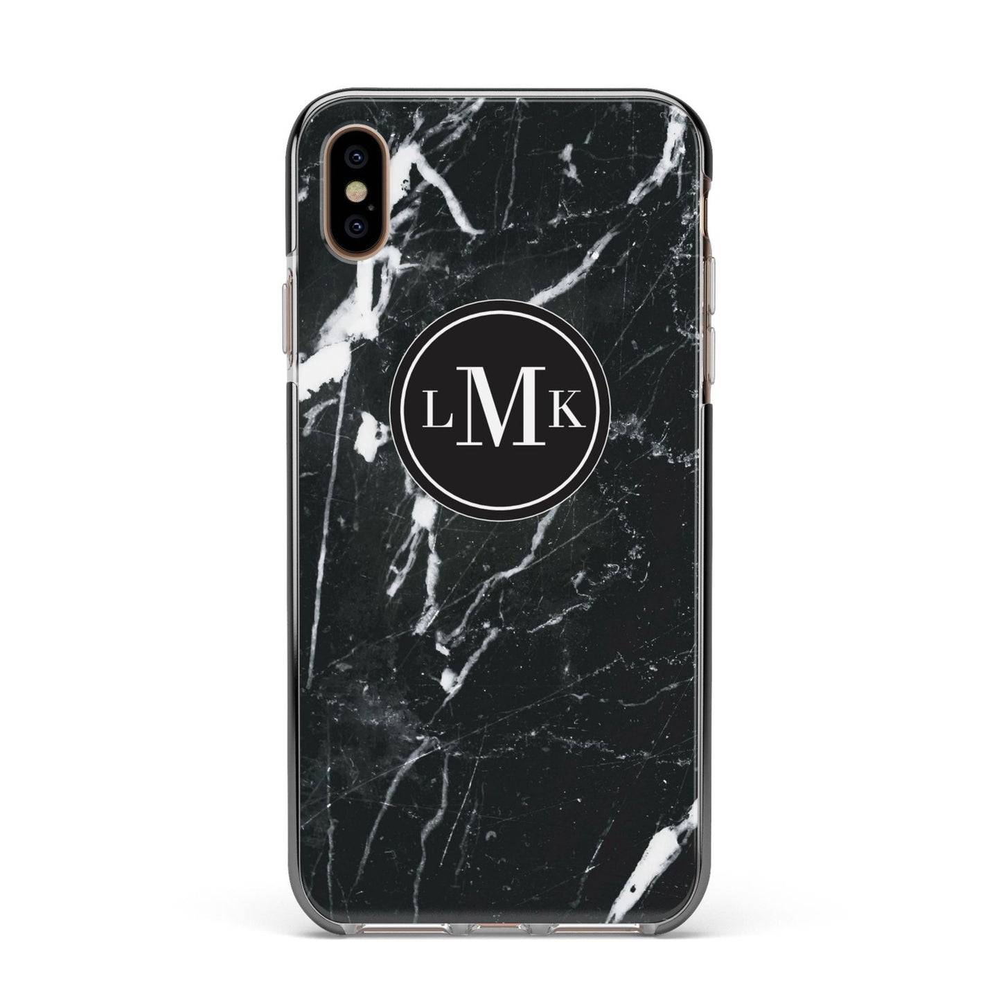 Marble Custom Initials Circle Apple iPhone Xs Max Impact Case Black Edge on Gold Phone