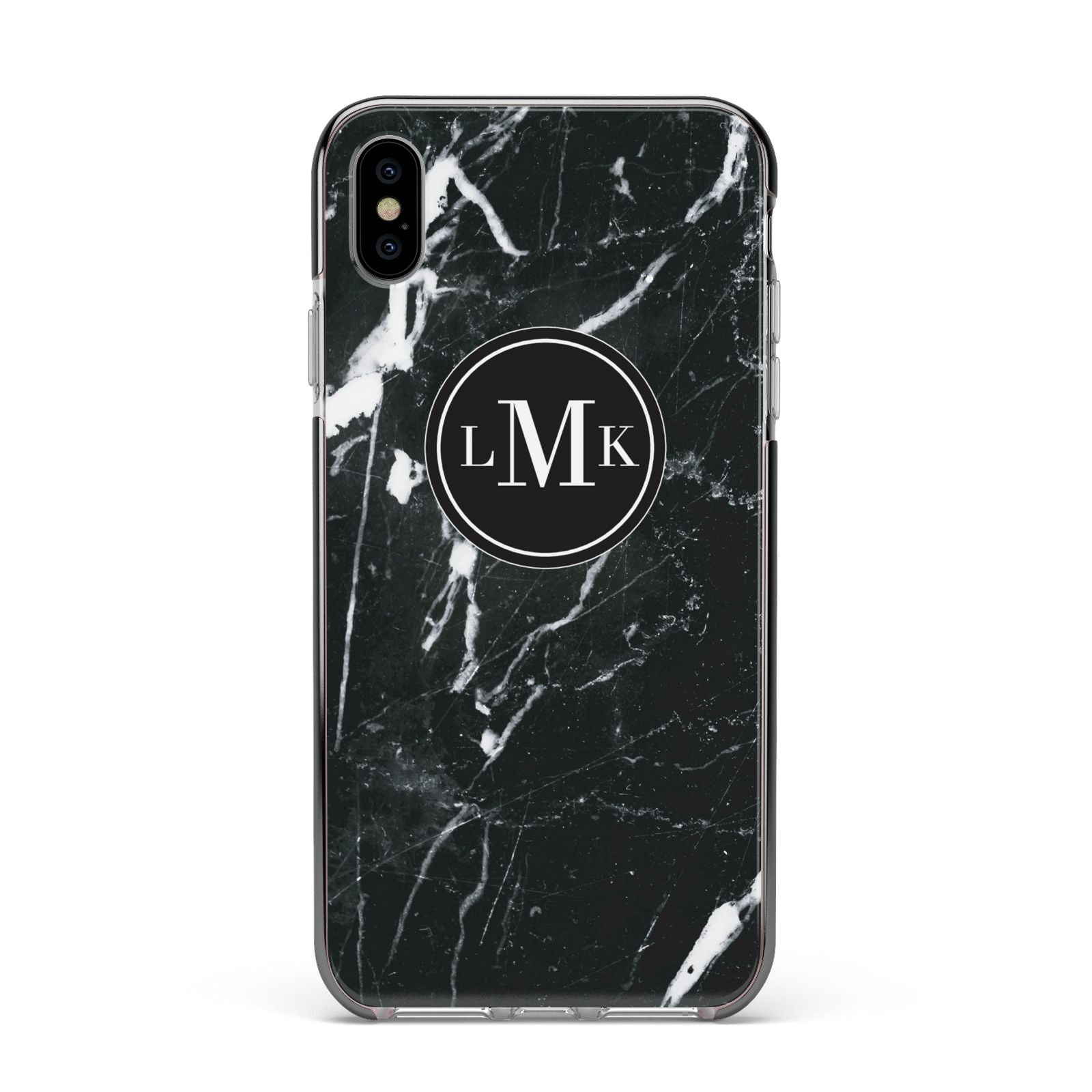Marble Custom Initials Circle Apple iPhone Xs Max Impact Case Black Edge on Silver Phone