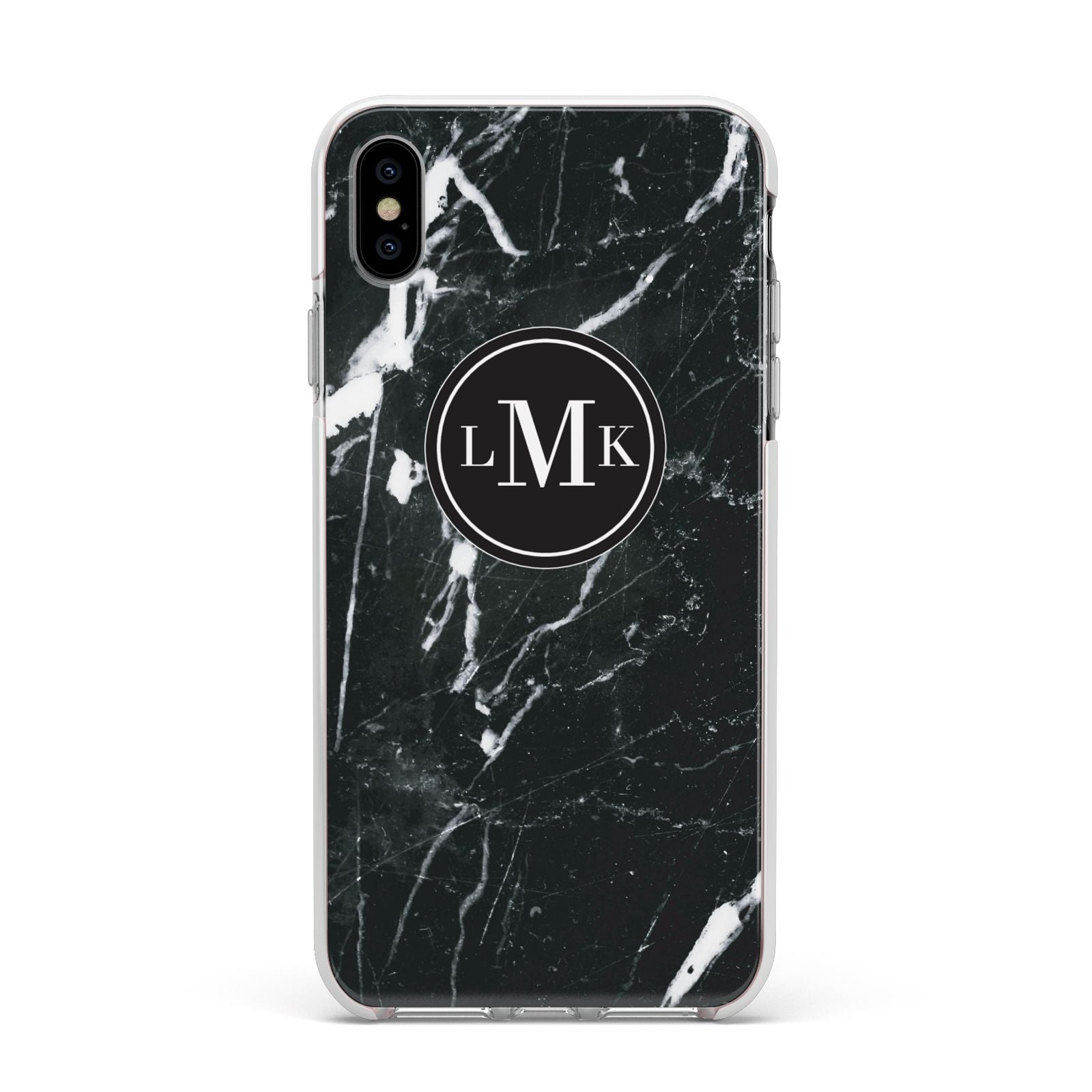 Marble Custom Initials Circle Apple iPhone Xs Max Impact Case White Edge on Silver Phone