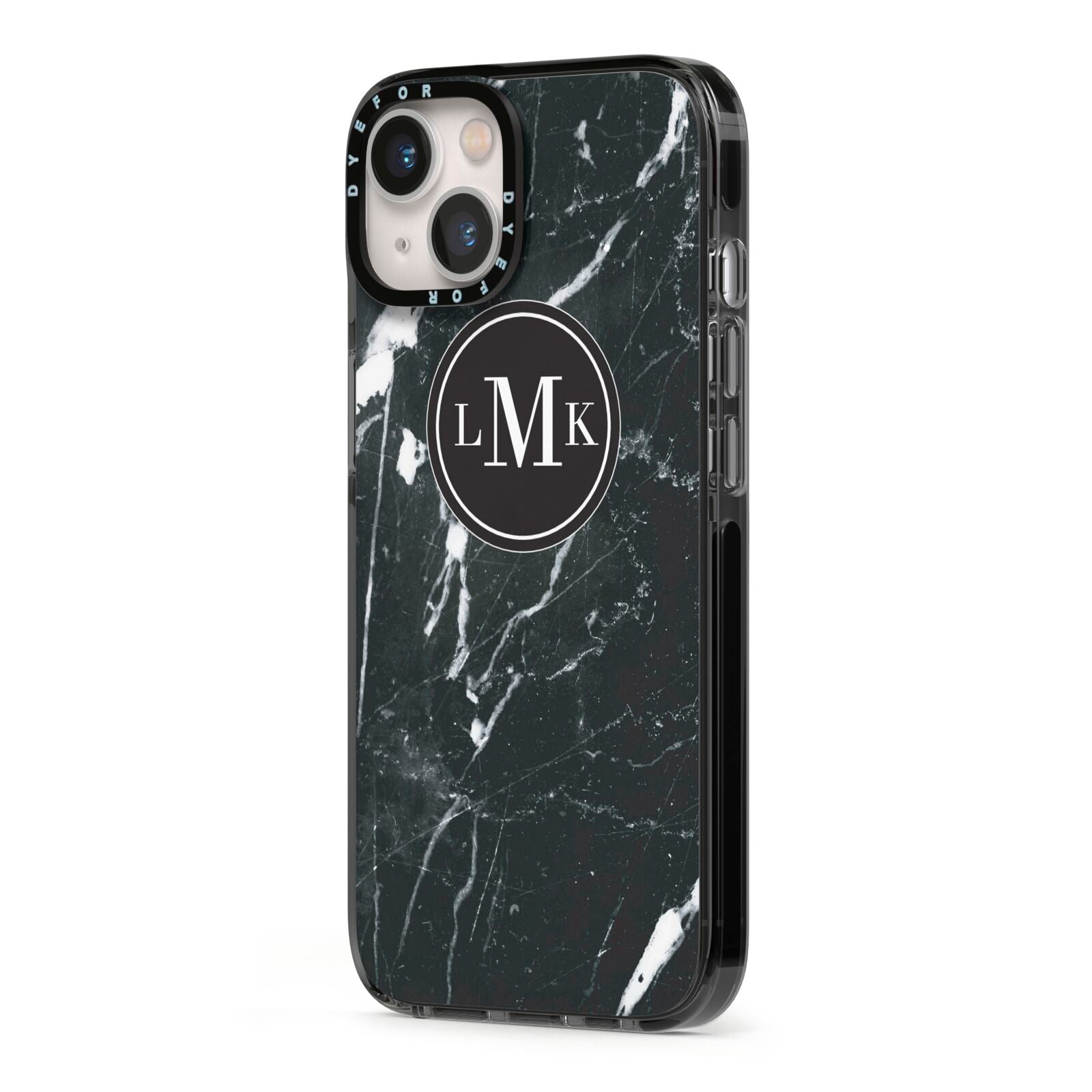 Marble Custom Initials Circle iPhone 13 Black Impact Case Side Angle on Silver phone