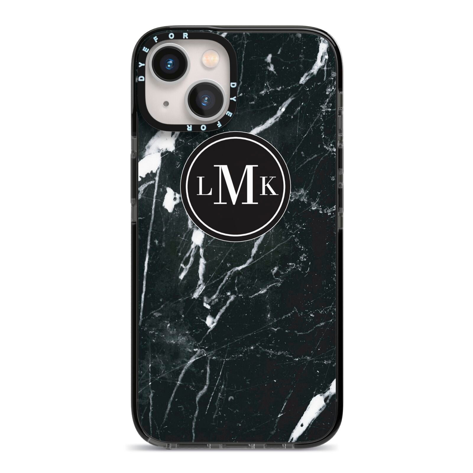 Marble Custom Initials Circle iPhone 13 Black Impact Case on Silver phone