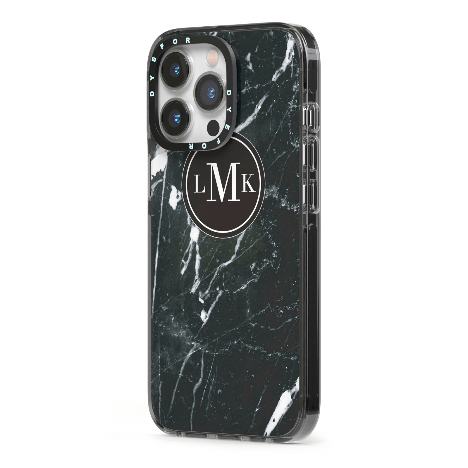 Marble Custom Initials Circle iPhone 13 Pro Black Impact Case Side Angle on Silver phone