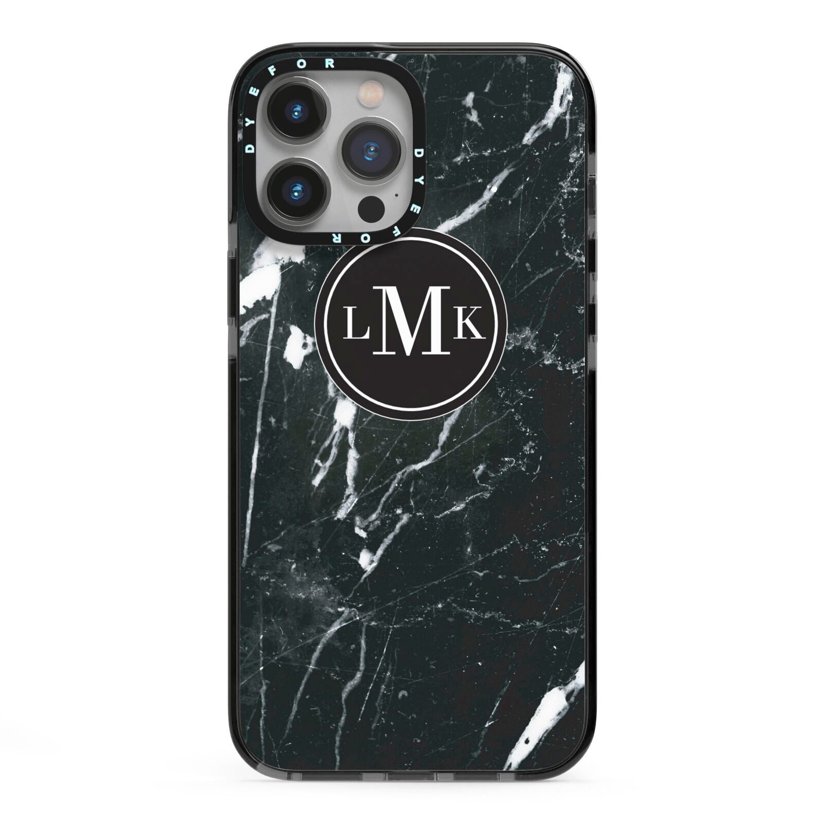Marble Custom Initials Circle iPhone 13 Pro Max Black Impact Case on Silver phone