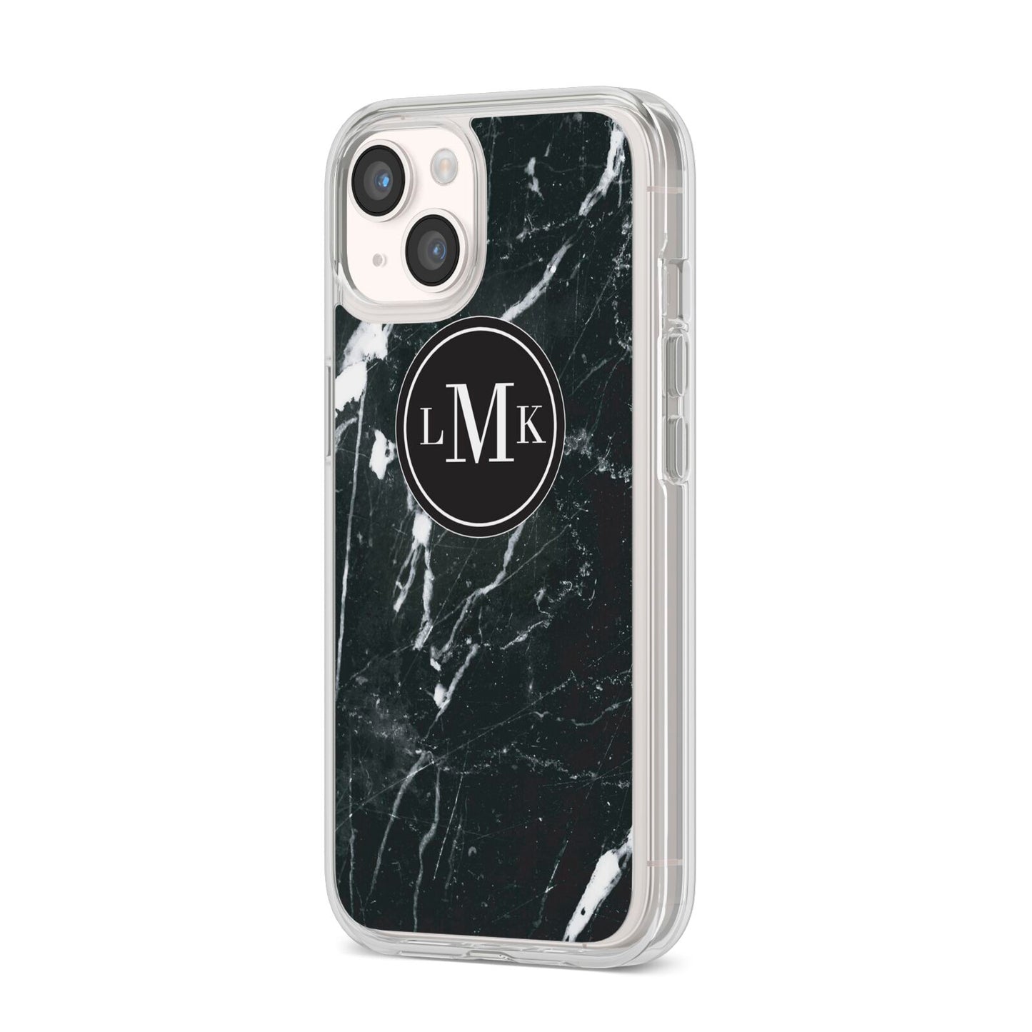 Marble Custom Initials Circle iPhone 14 Clear Tough Case Starlight Angled Image