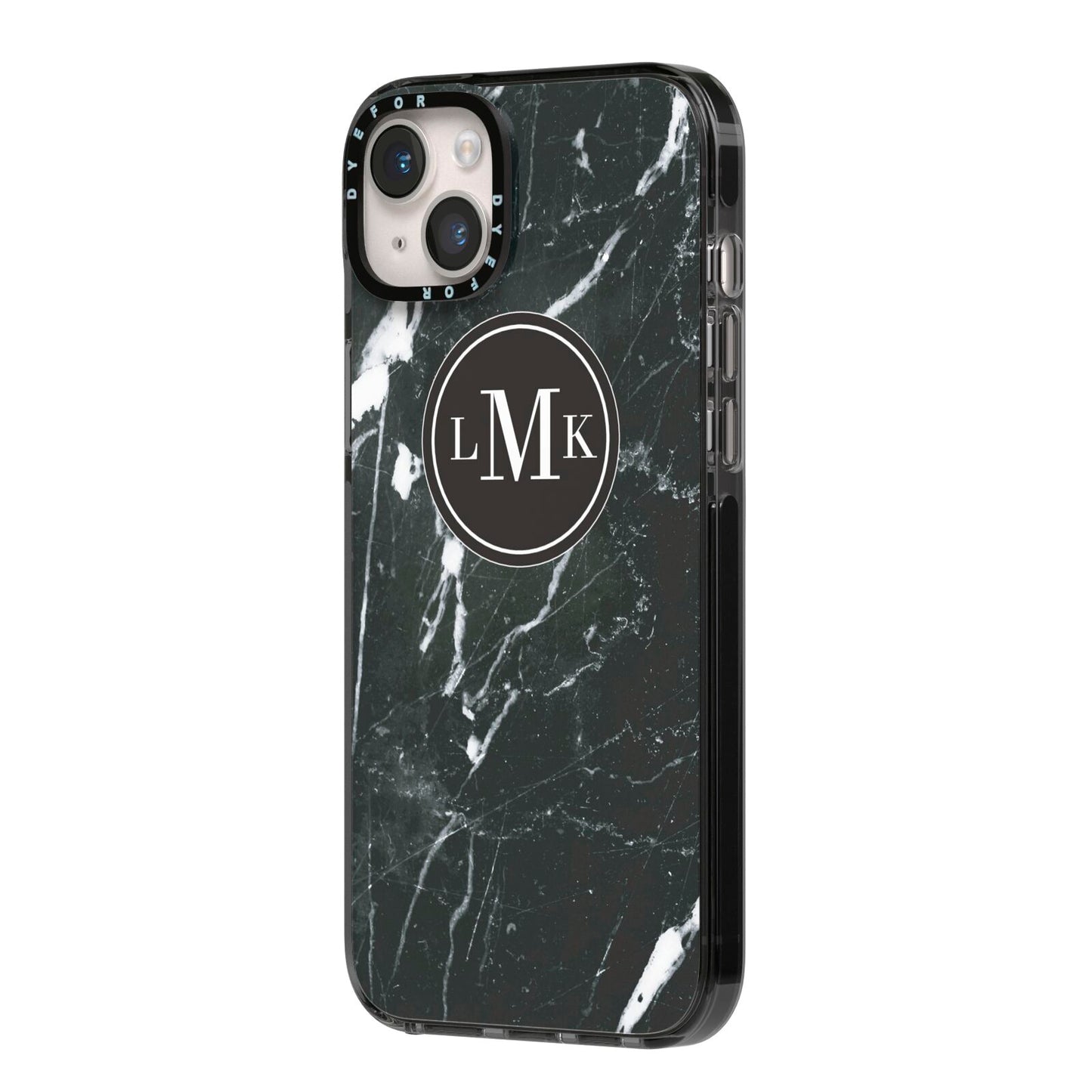 Marble Custom Initials Circle iPhone 14 Plus Black Impact Case Side Angle on Silver phone
