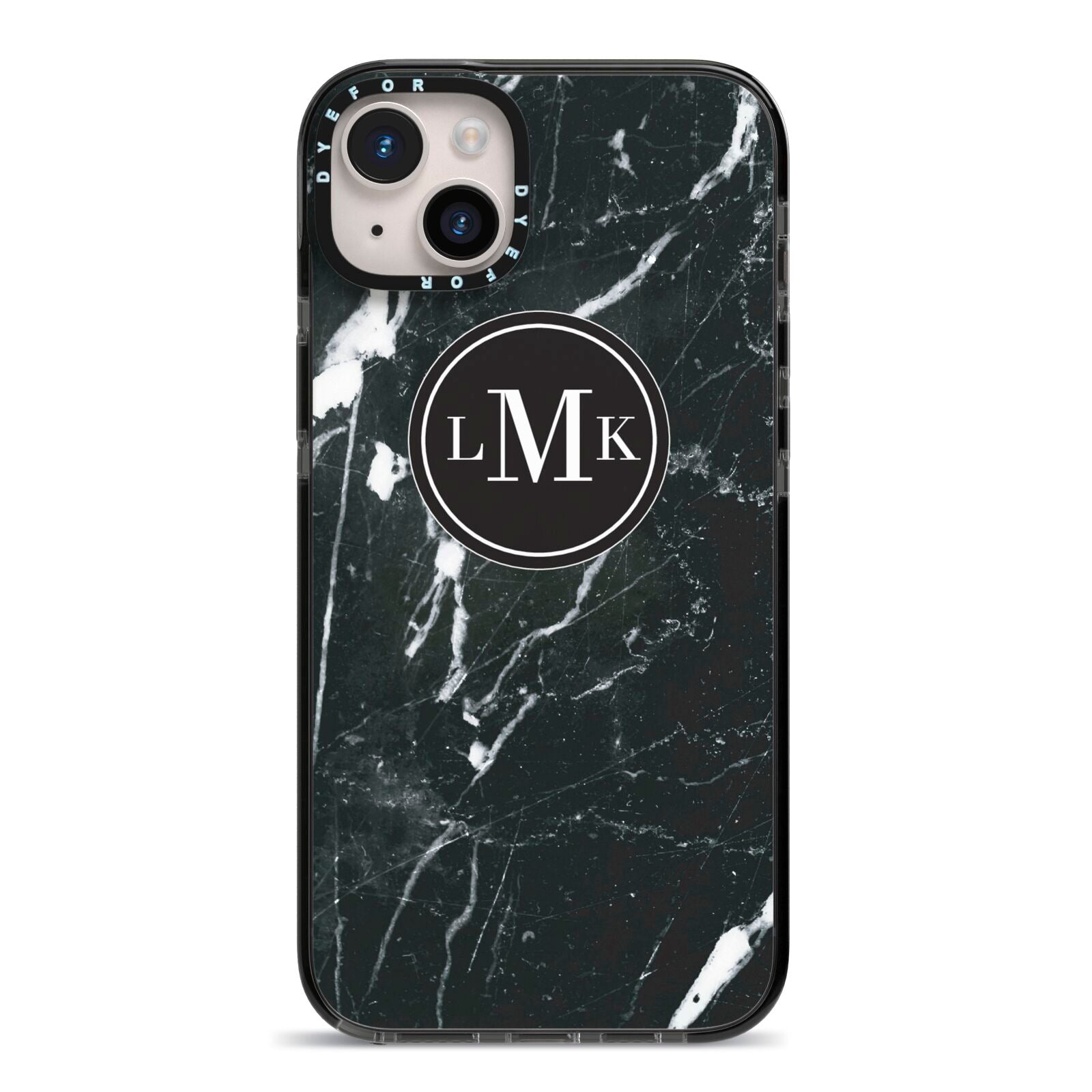 Marble Custom Initials Circle iPhone 14 Plus Black Impact Case on Silver phone