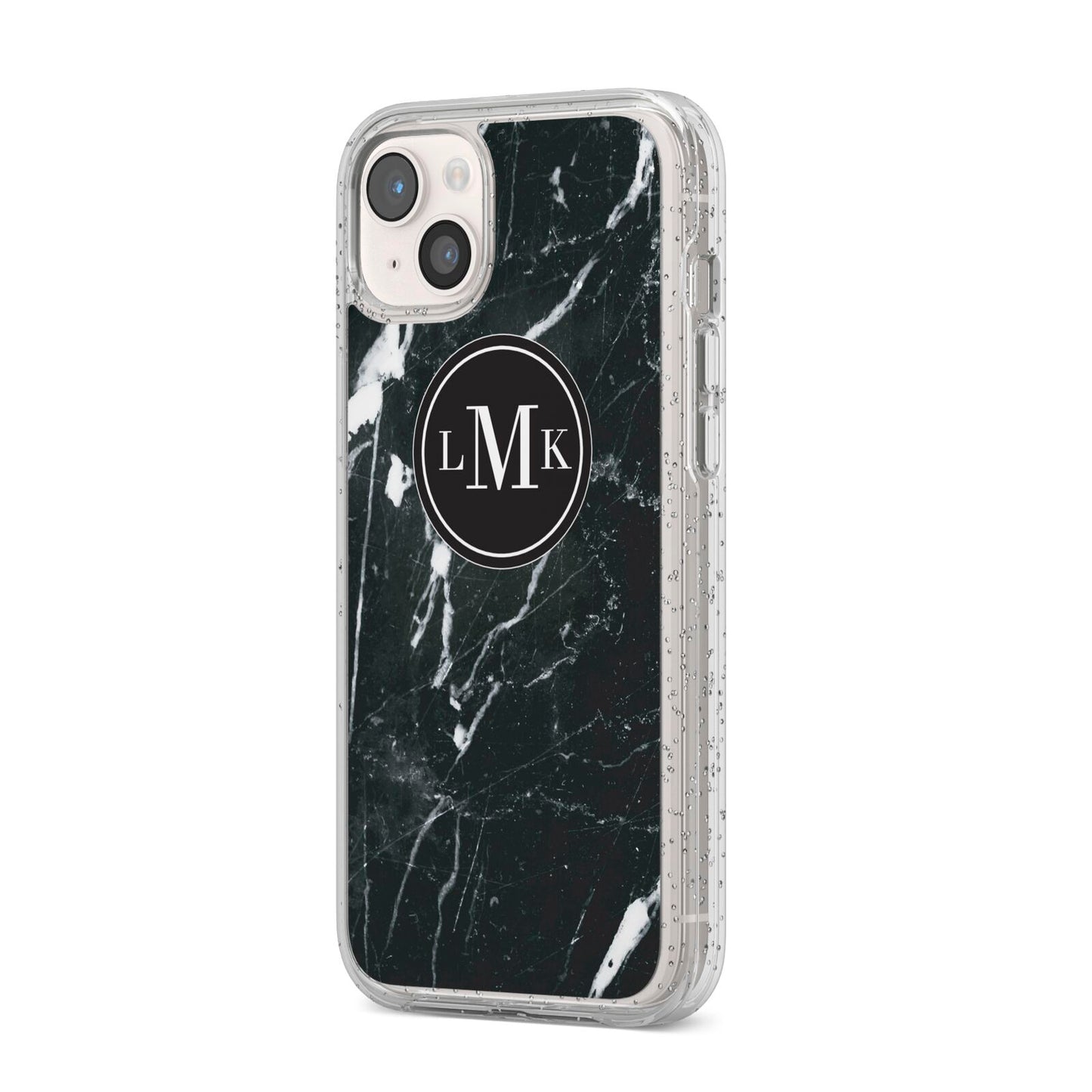 Marble Custom Initials Circle iPhone 14 Plus Glitter Tough Case Starlight Angled Image