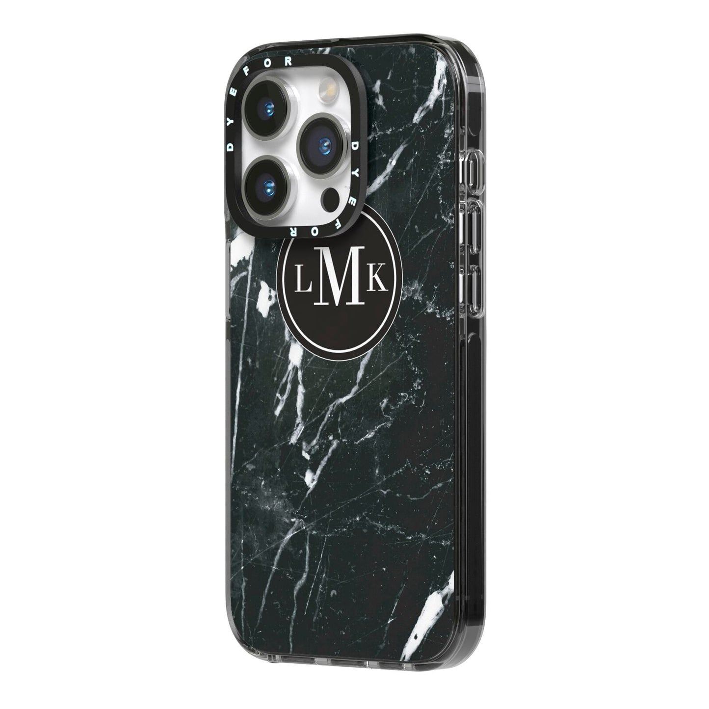 Marble Custom Initials Circle iPhone 14 Pro Black Impact Case Side Angle on Silver phone