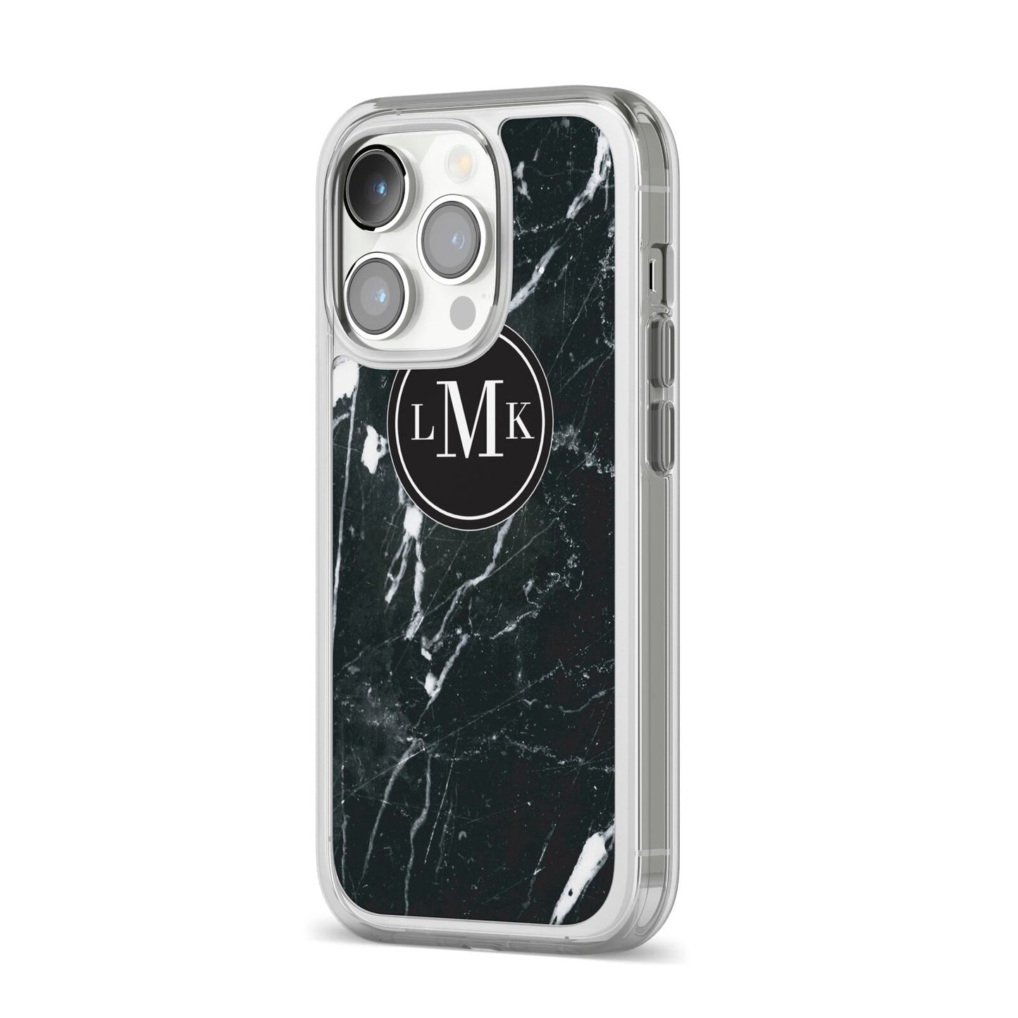 Marble Custom Initials Circle iPhone 14 Pro Clear Tough Case Silver Angled Image