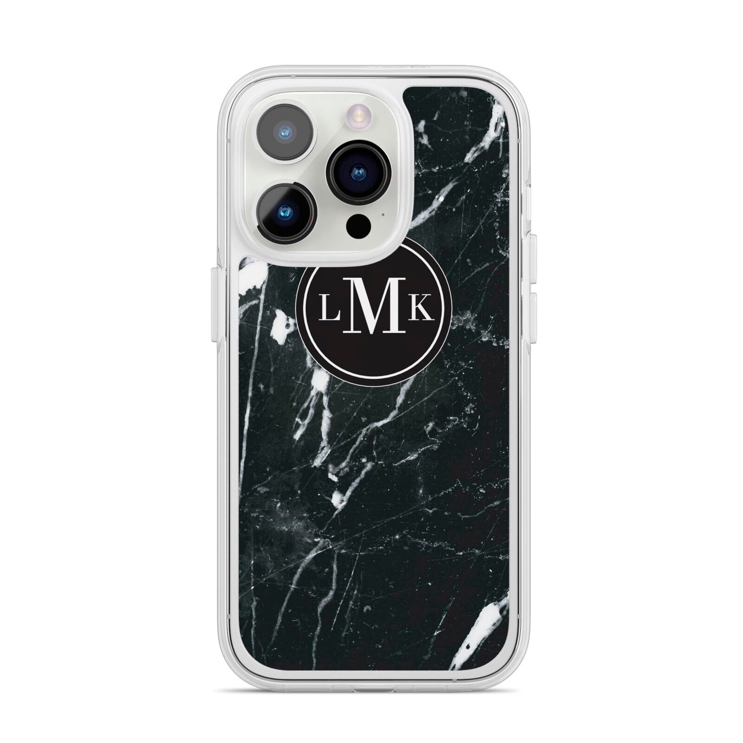 Marble Custom Initials Circle iPhone 14 Pro Clear Tough Case Silver