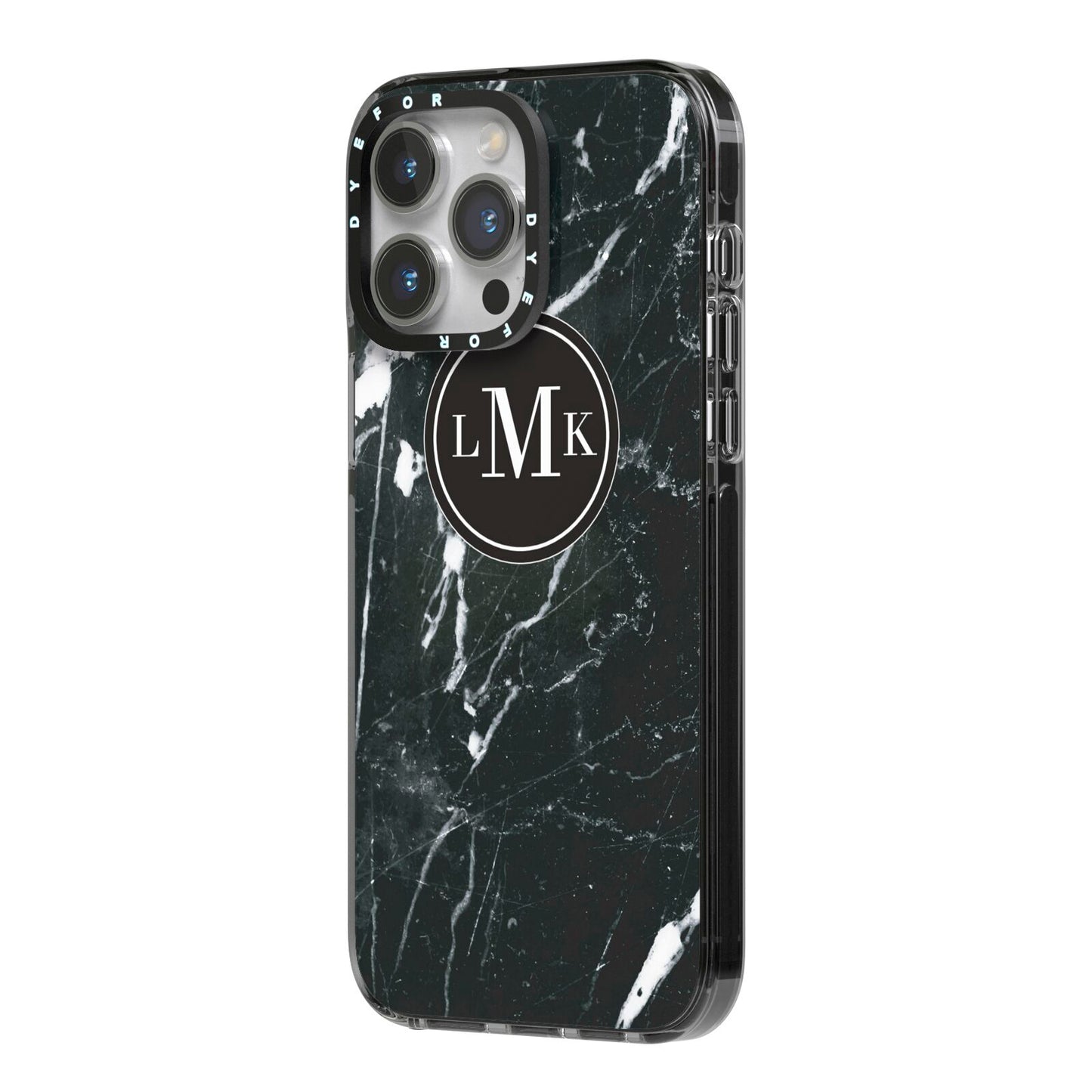 Marble Custom Initials Circle iPhone 14 Pro Max Black Impact Case Side Angle on Silver phone