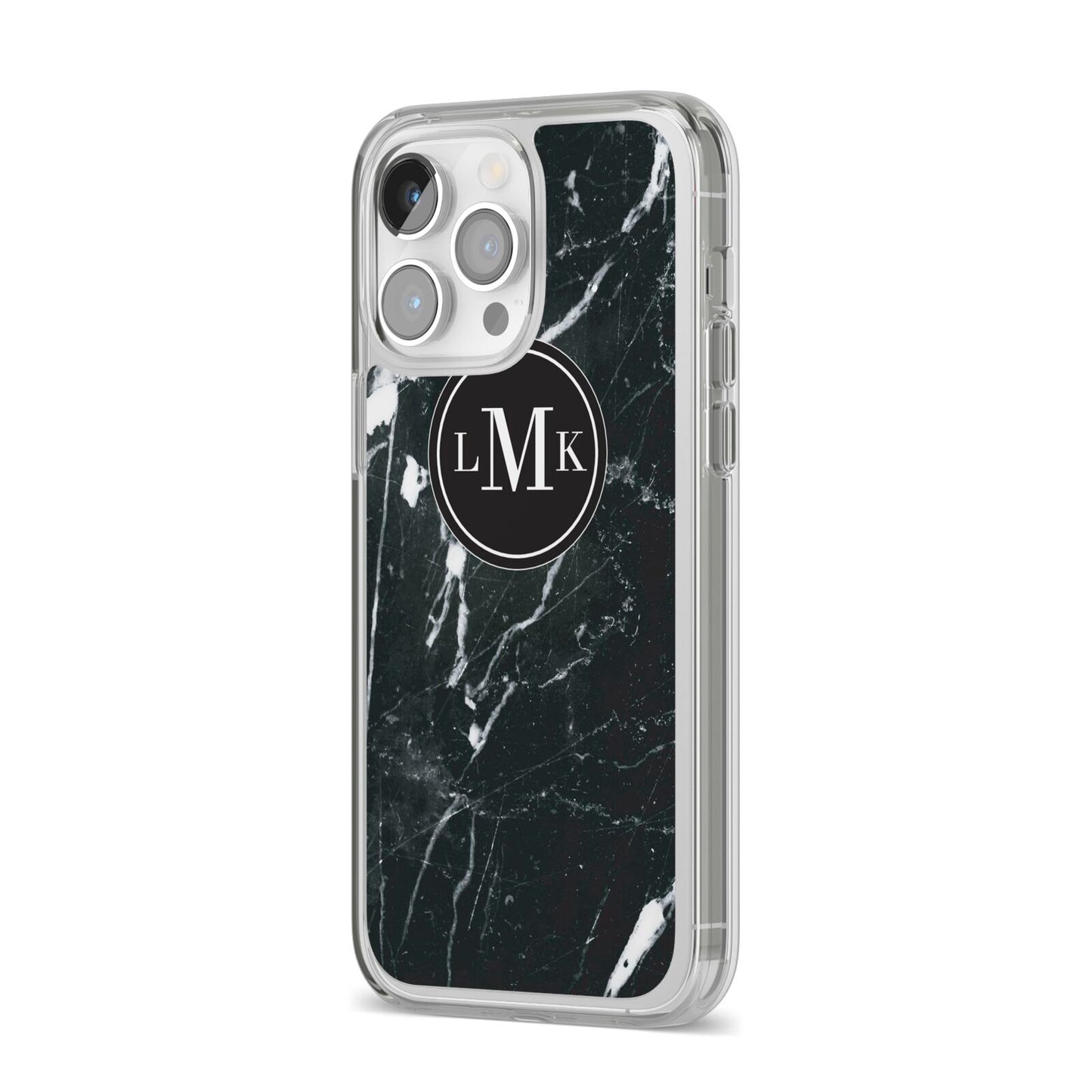 Marble Custom Initials Circle iPhone 14 Pro Max Clear Tough Case Silver Angled Image
