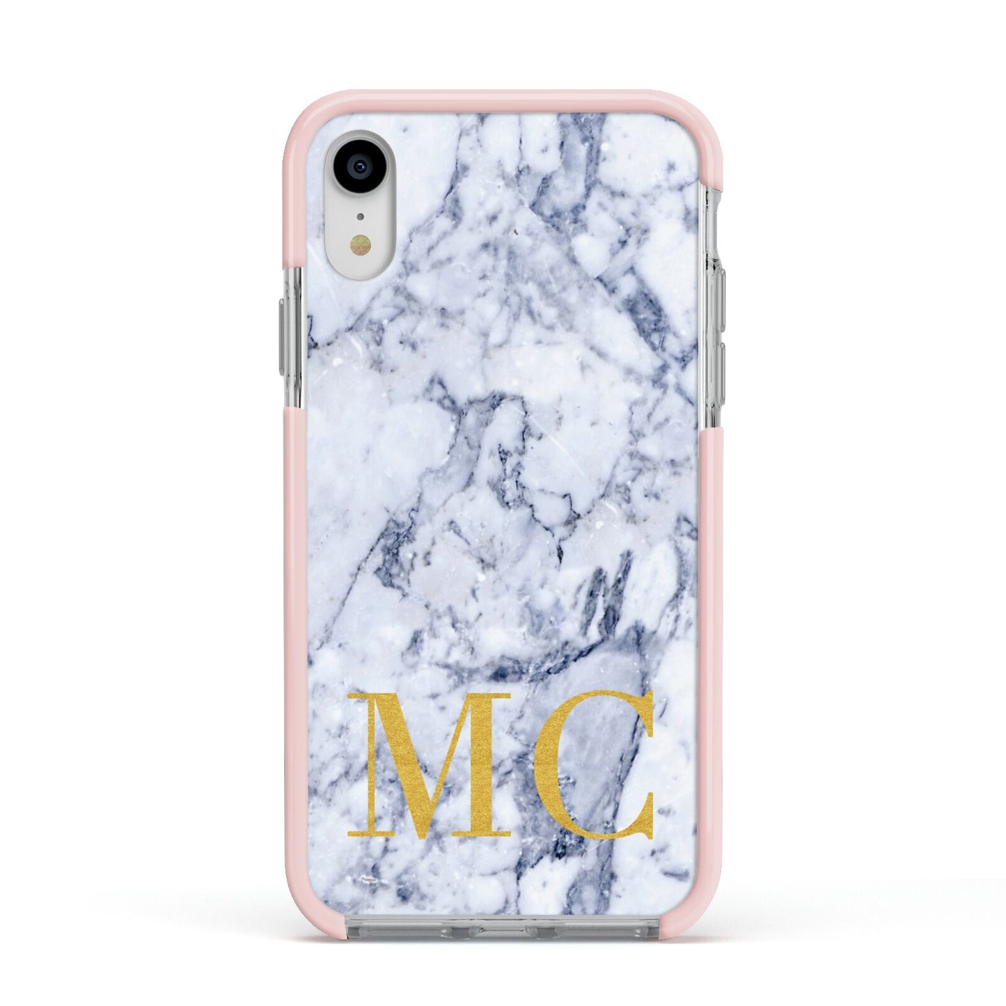 Marble Gold Initial Personalised Apple iPhone XR Impact Case Pink Edge on Silver Phone