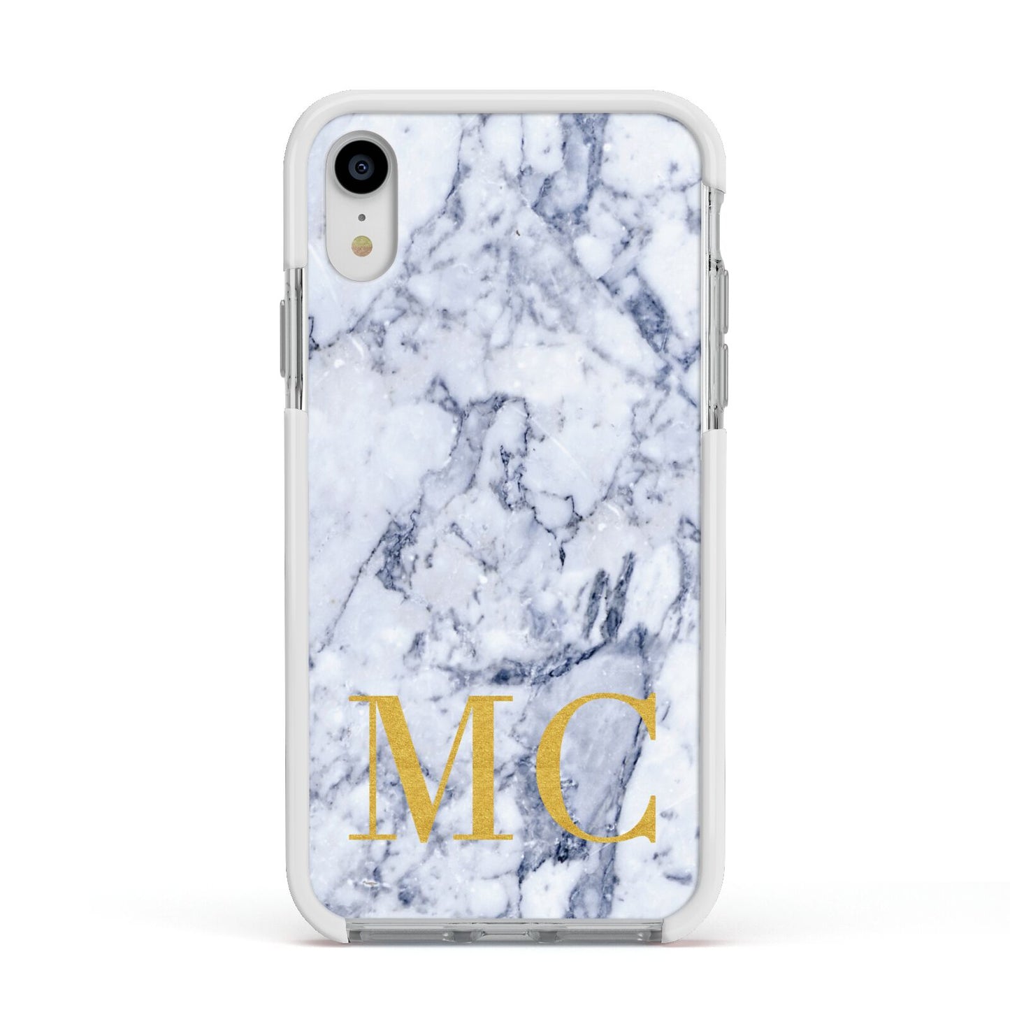 Marble Gold Initial Personalised Apple iPhone XR Impact Case White Edge on Silver Phone