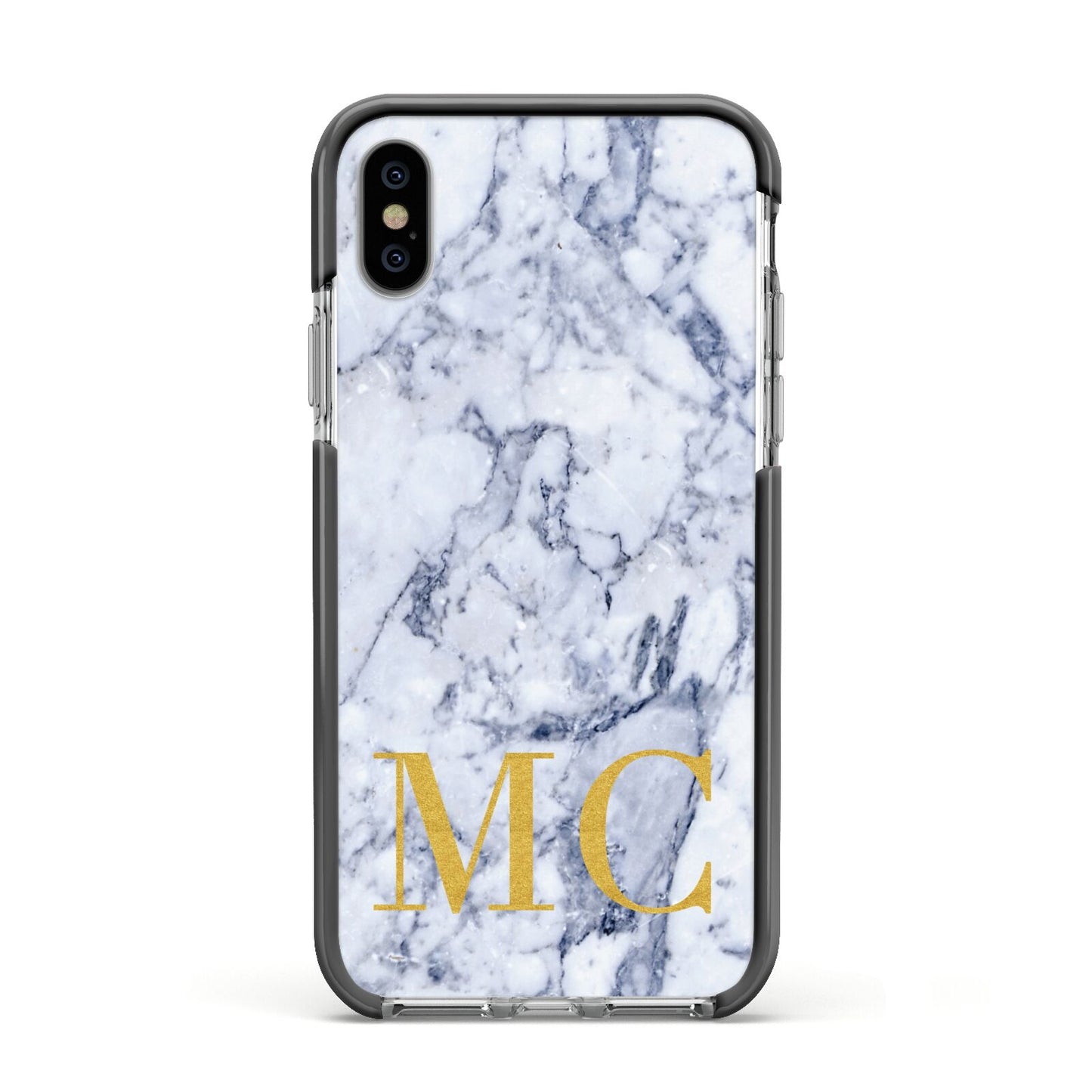 Marble Gold Initial Personalised Apple iPhone Xs Impact Case Black Edge on Silver Phone