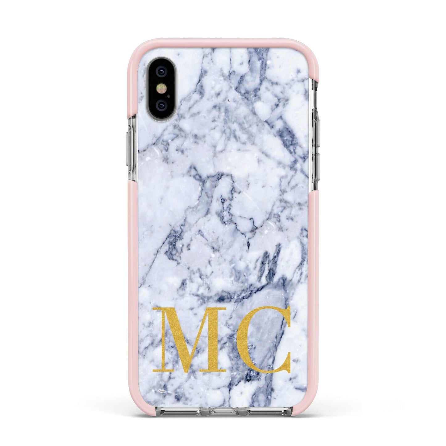 Marble Gold Initial Personalised Apple iPhone Xs Impact Case Pink Edge on Silver Phone