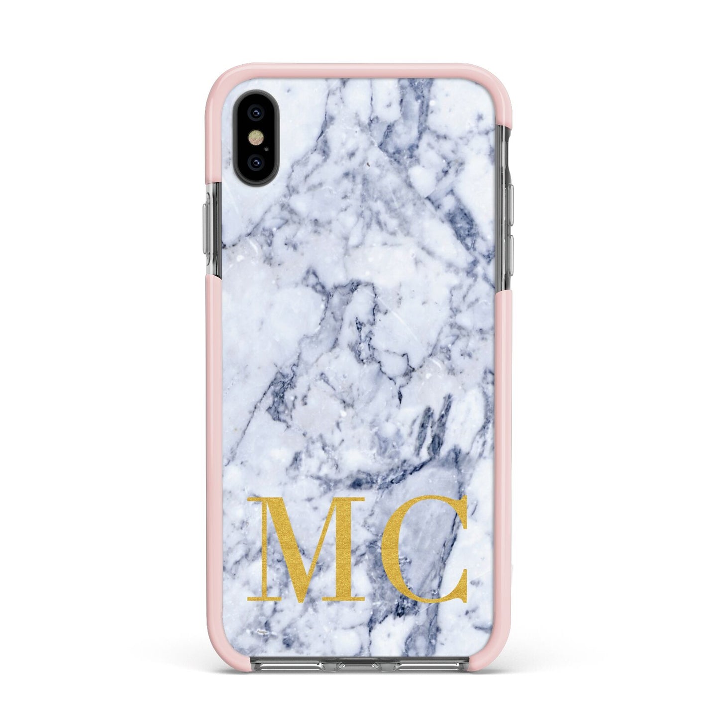 Marble Gold Initial Personalised Apple iPhone Xs Max Impact Case Pink Edge on Black Phone