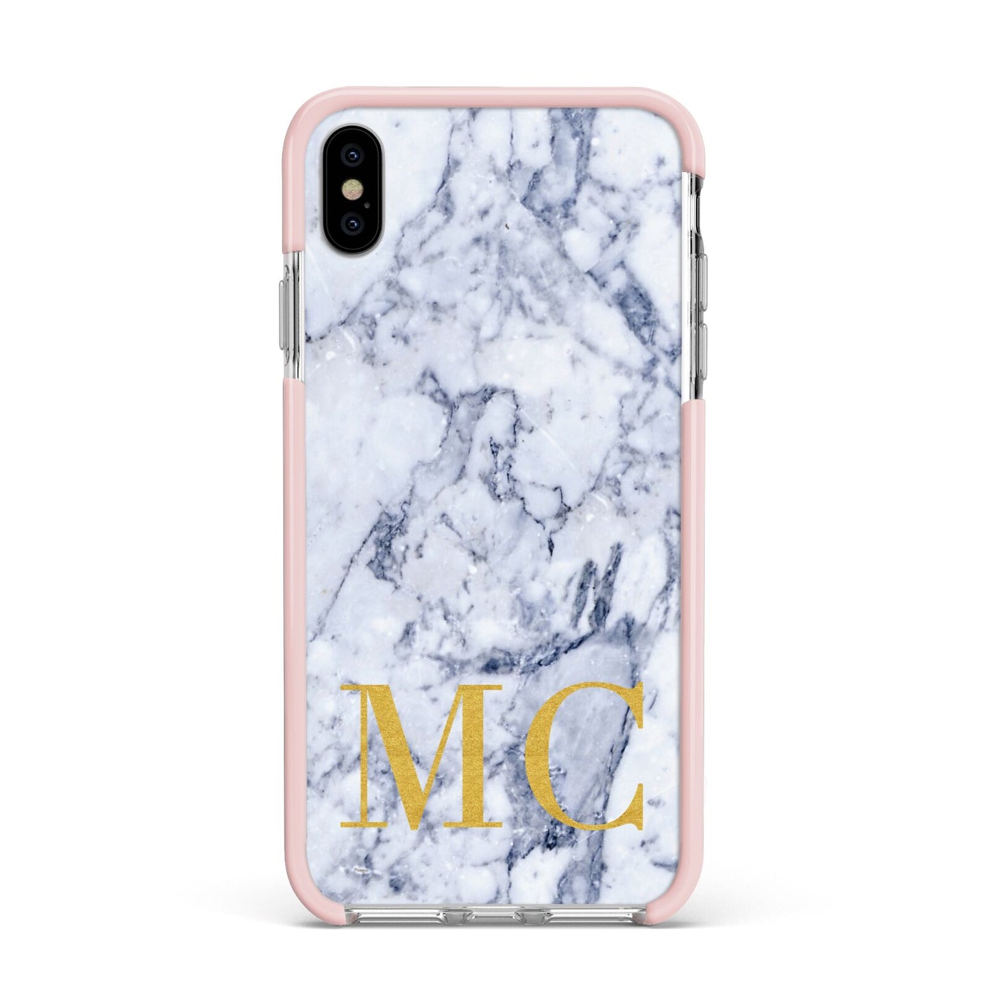 Marble Gold Initial Personalised Apple iPhone Xs Max Impact Case Pink Edge on Silver Phone