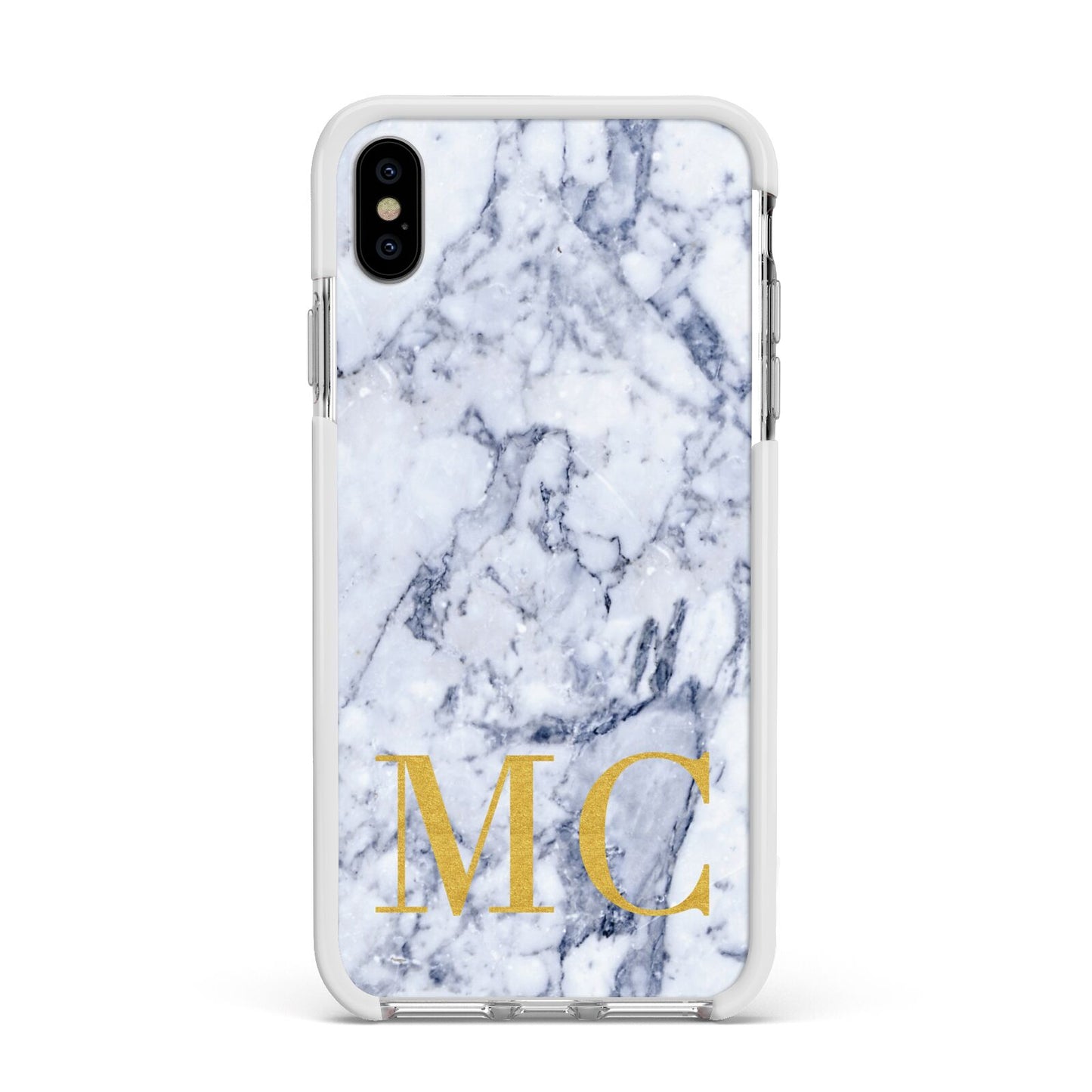 Marble Gold Initial Personalised Apple iPhone Xs Max Impact Case White Edge on Silver Phone