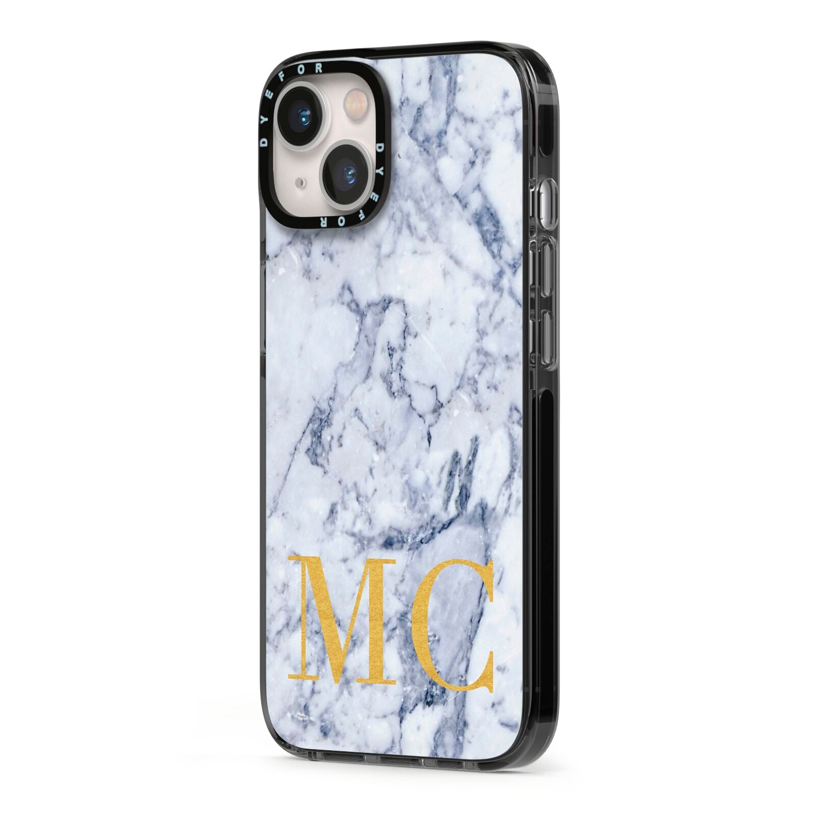 Marble Gold Initial Personalised iPhone 13 Black Impact Case Side Angle on Silver phone