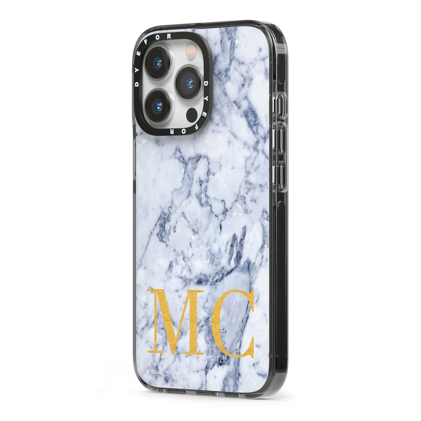 Marble Gold Initial Personalised iPhone 13 Pro Black Impact Case Side Angle on Silver phone