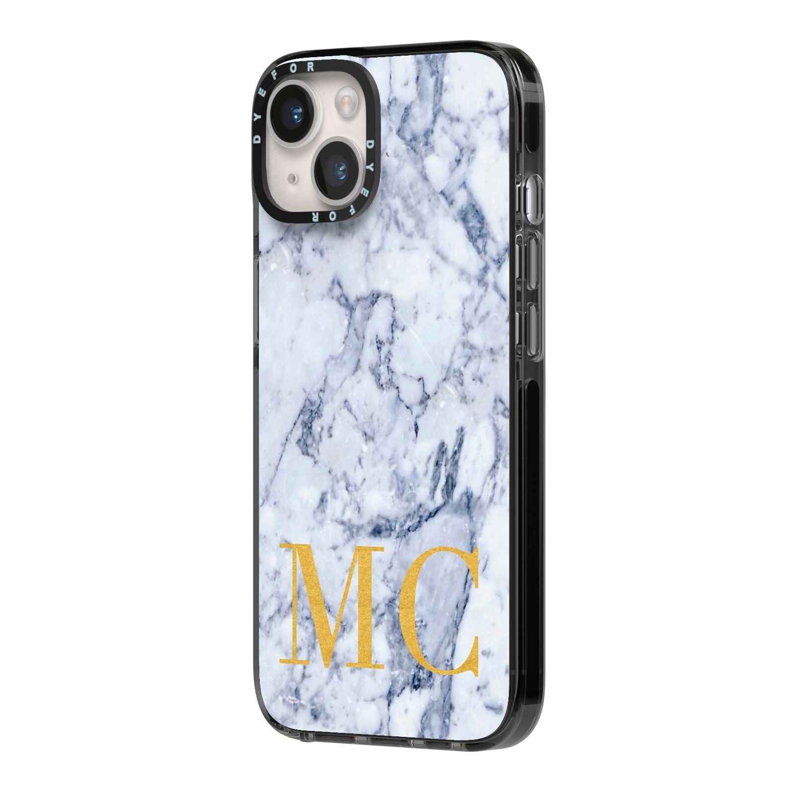 Marble Gold Initial Personalised iPhone 14 Black Impact Case Side Angle on Silver phone