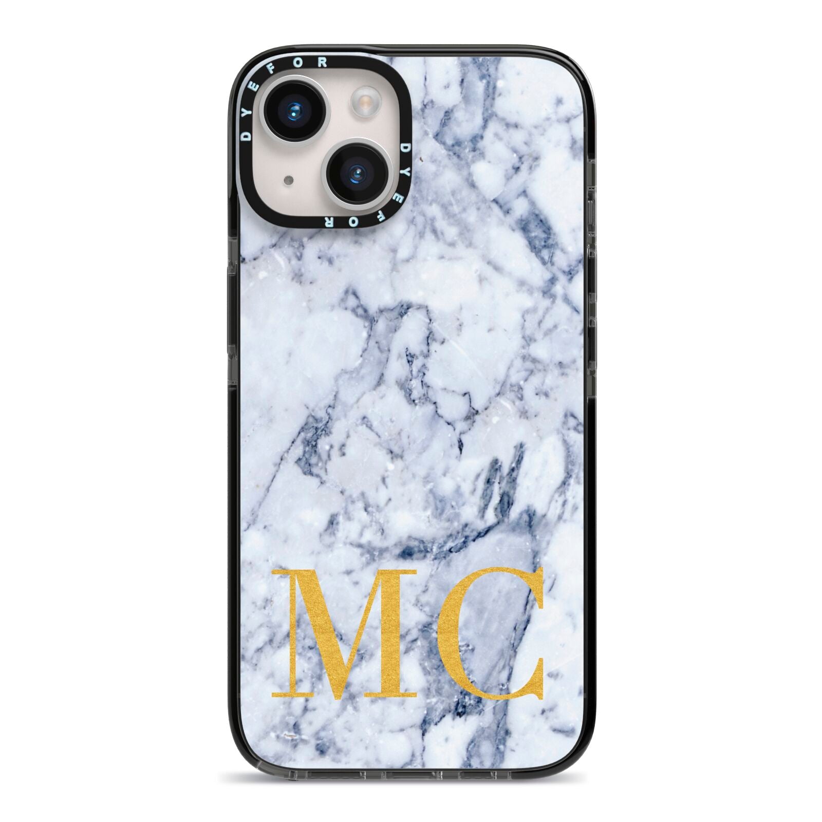 Marble Gold Initial Personalised iPhone 14 Black Impact Case on Silver phone