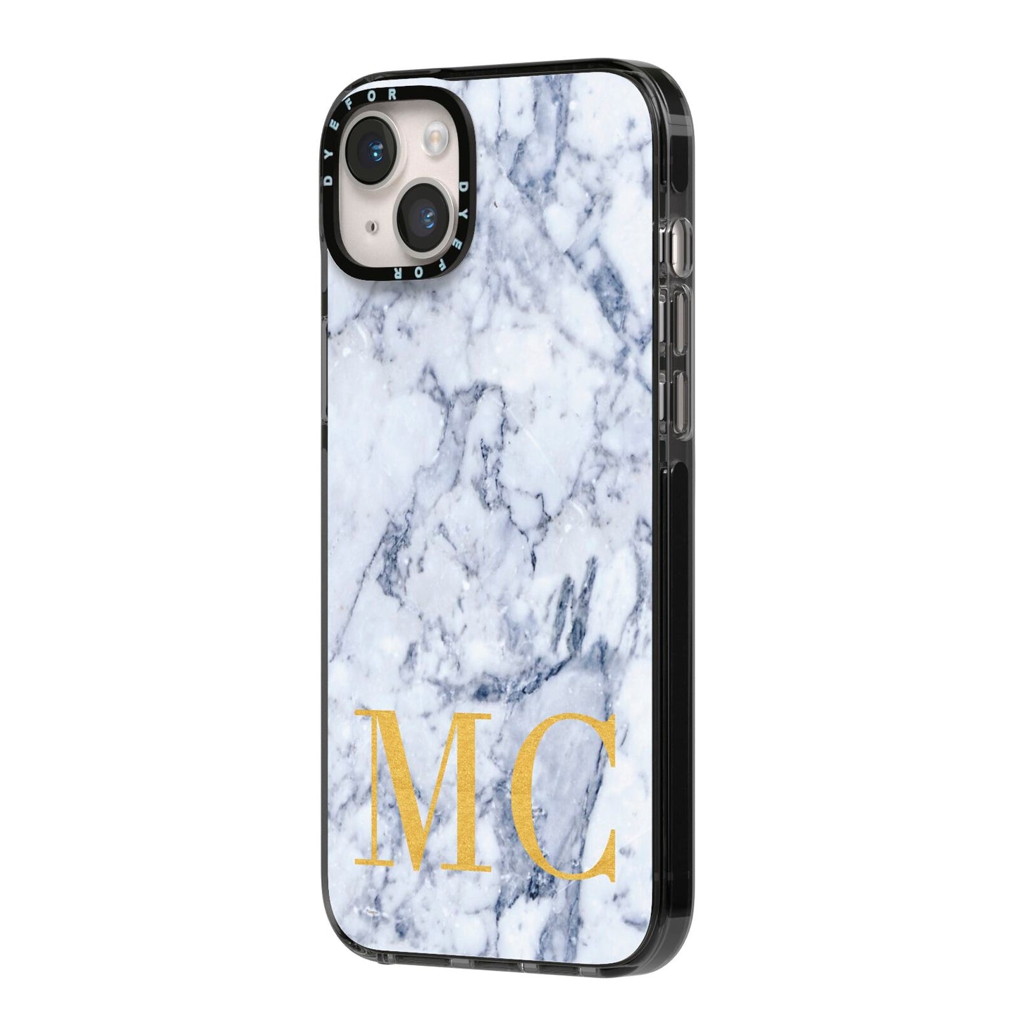 Marble Gold Initial Personalised iPhone 14 Plus Black Impact Case Side Angle on Silver phone