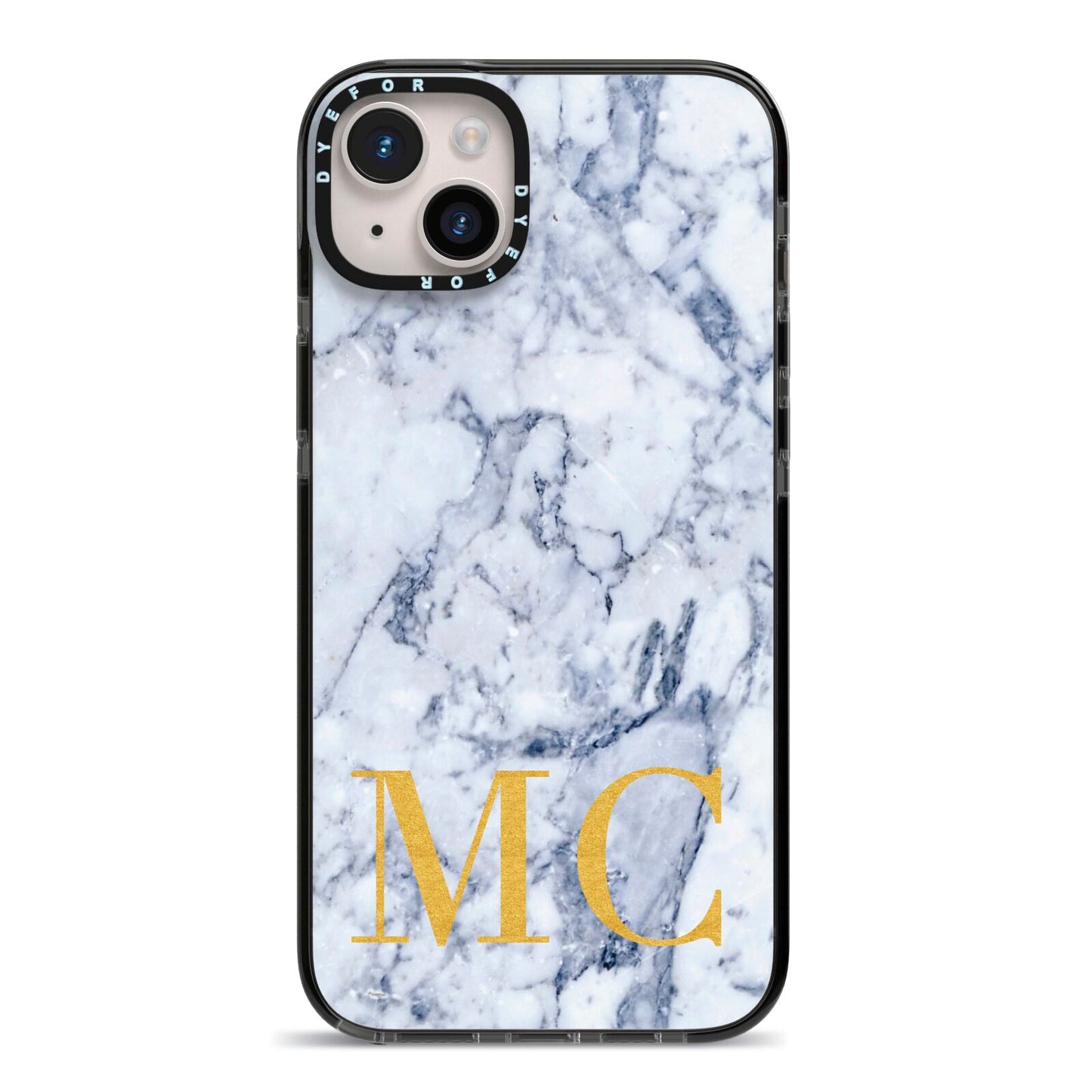 Marble Gold Initial Personalised iPhone 14 Plus Black Impact Case on Silver phone