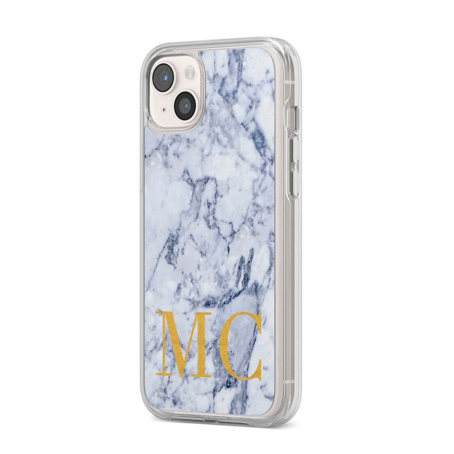Marble Gold Initial Personalised iPhone 14 Plus Clear Tough Case Starlight Angled Image