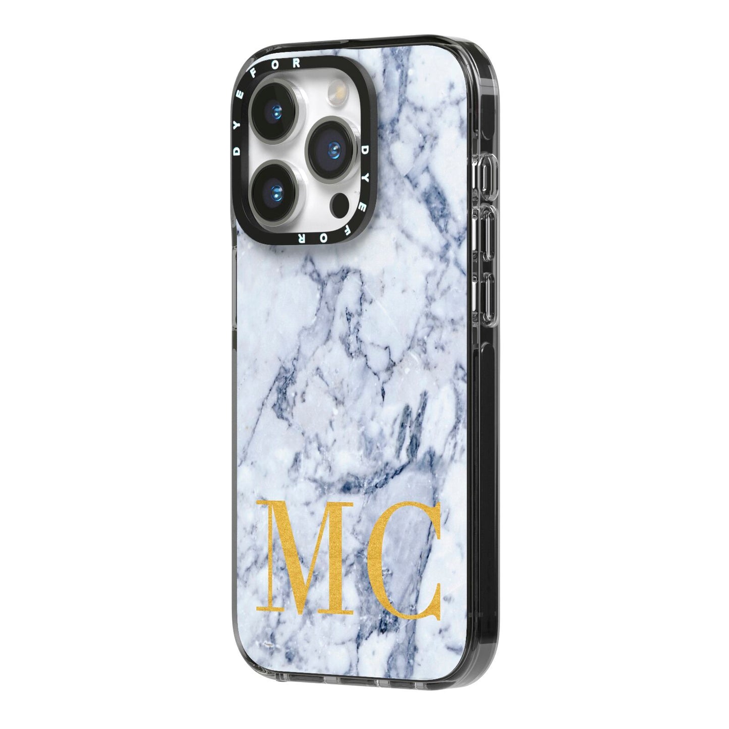 Marble Gold Initial Personalised iPhone 14 Pro Black Impact Case Side Angle on Silver phone