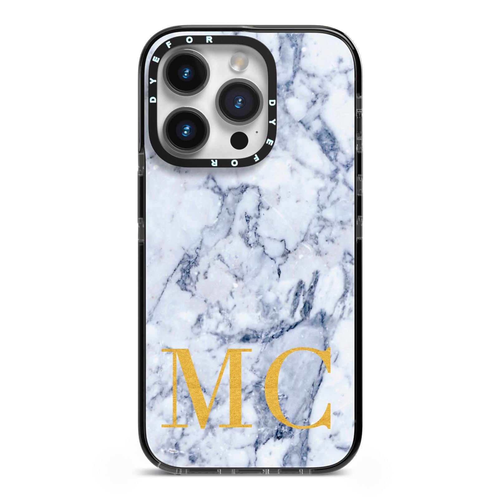 Marble Gold Initial Personalised iPhone 14 Pro Black Impact Case on Silver phone