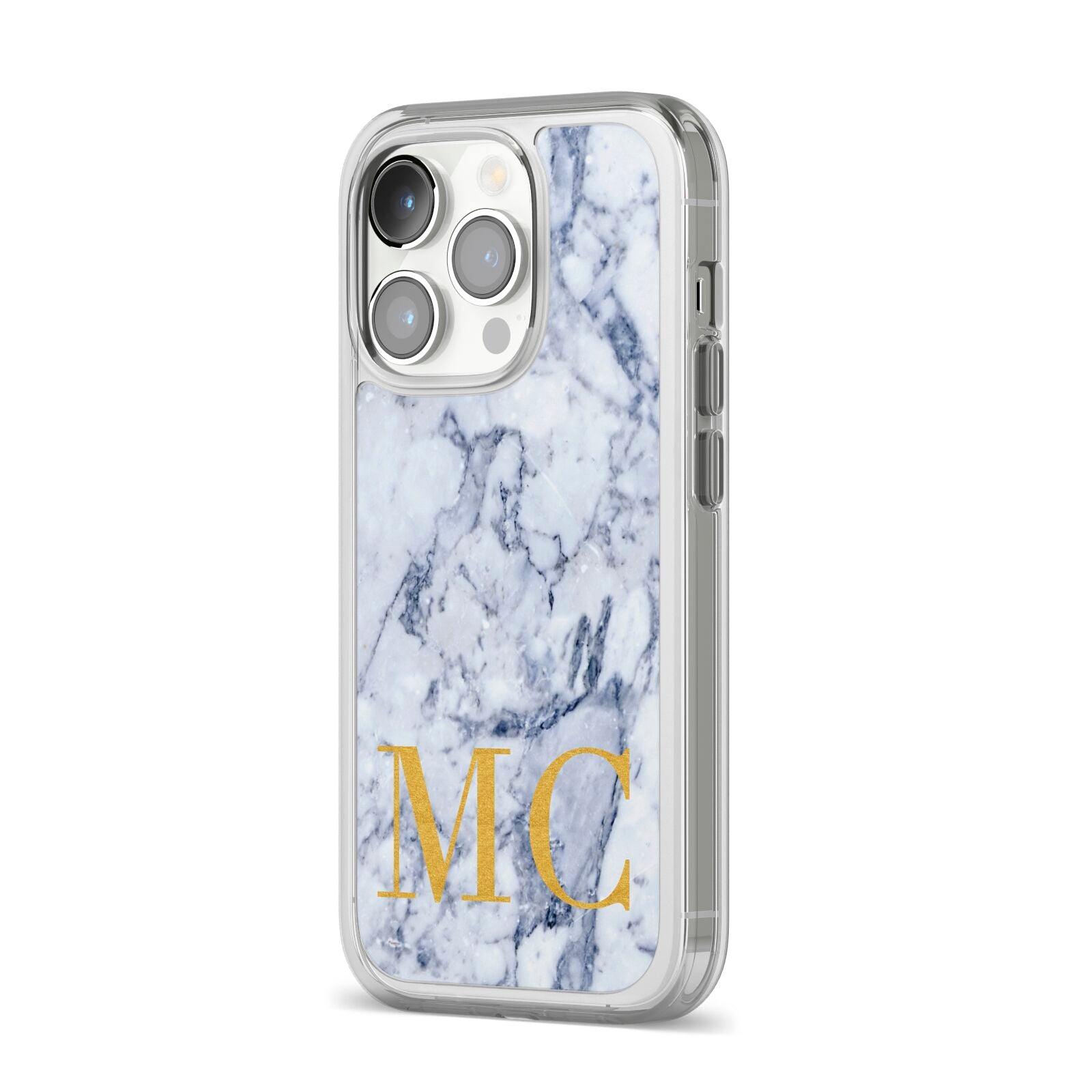 Marble Gold Initial Personalised iPhone 14 Pro Clear Tough Case Silver Angled Image