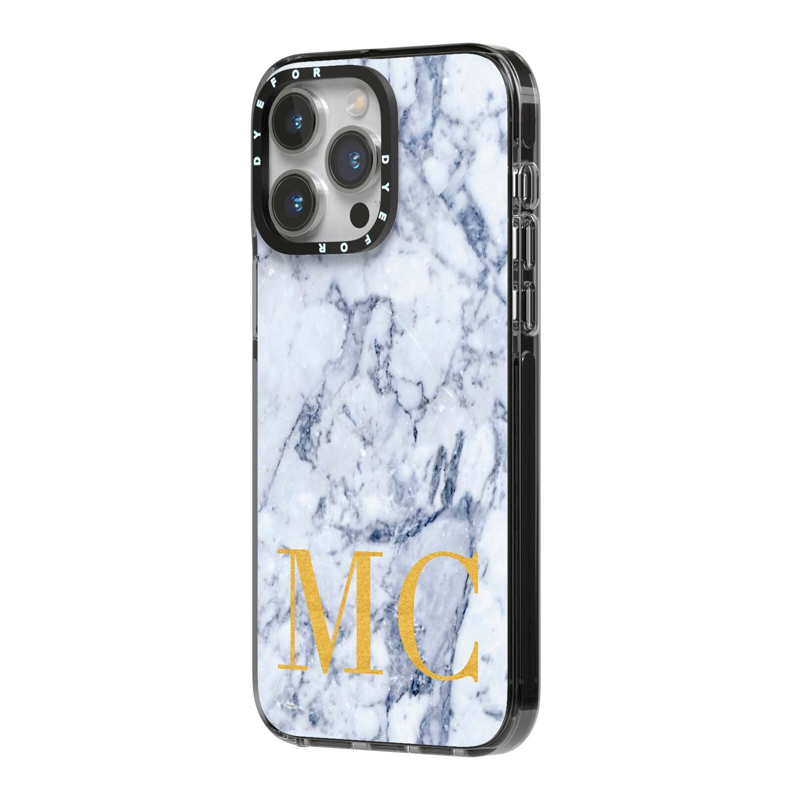 Marble Gold Initial Personalised iPhone 14 Pro Max Black Impact Case Side Angle on Silver phone