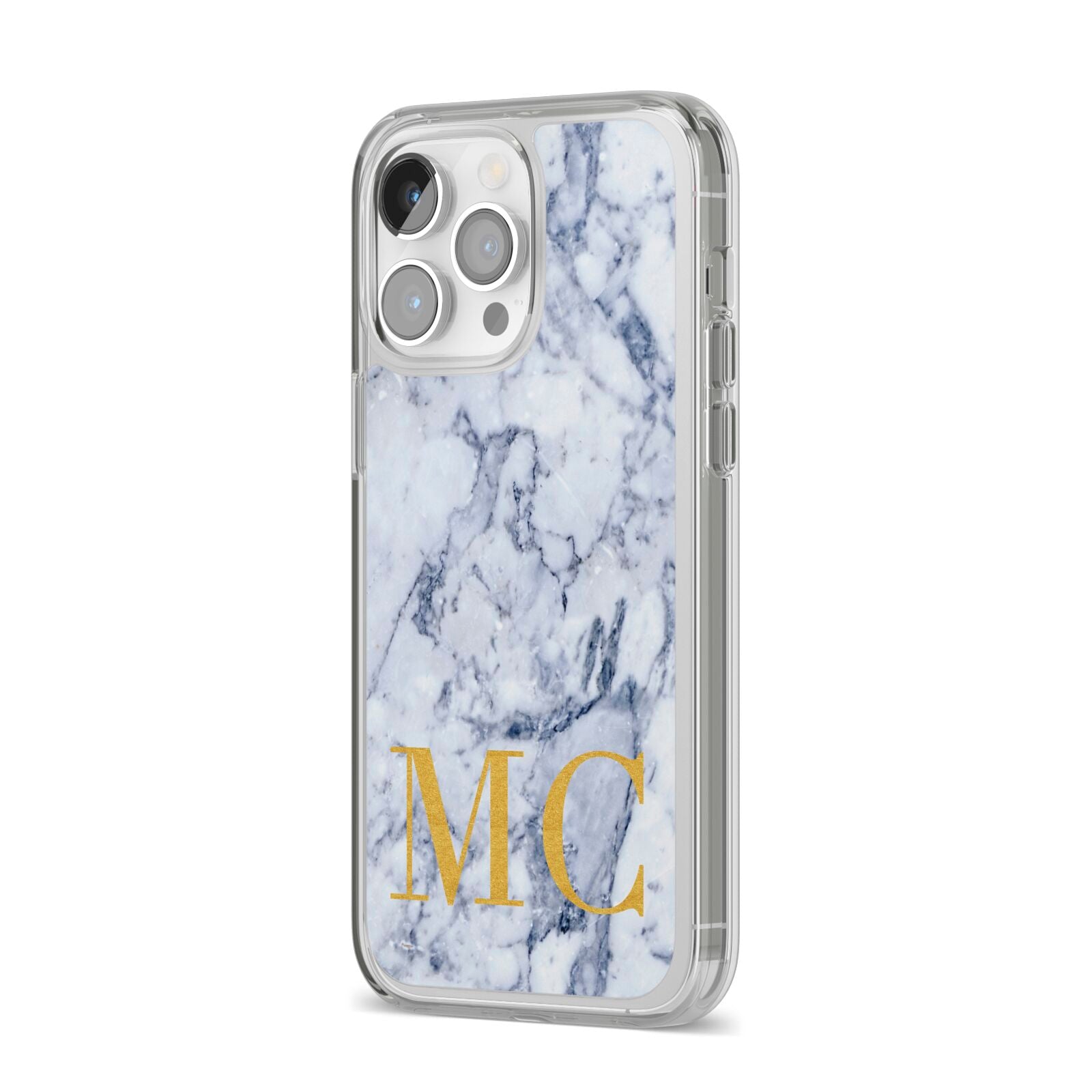 Marble Gold Initial Personalised iPhone 14 Pro Max Clear Tough Case Silver Angled Image
