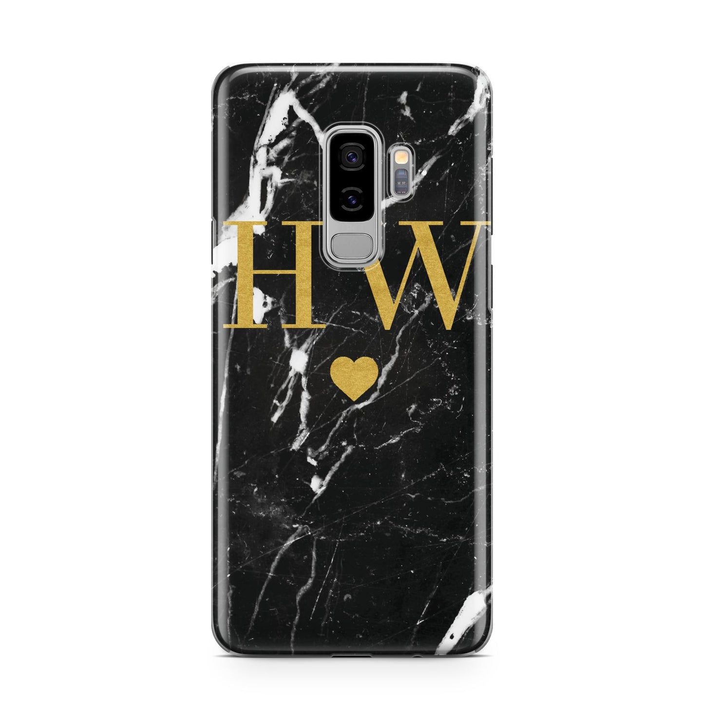 Marble Gold Initials Monogram Personalised Samsung Galaxy S9 Plus Case on Silver phone