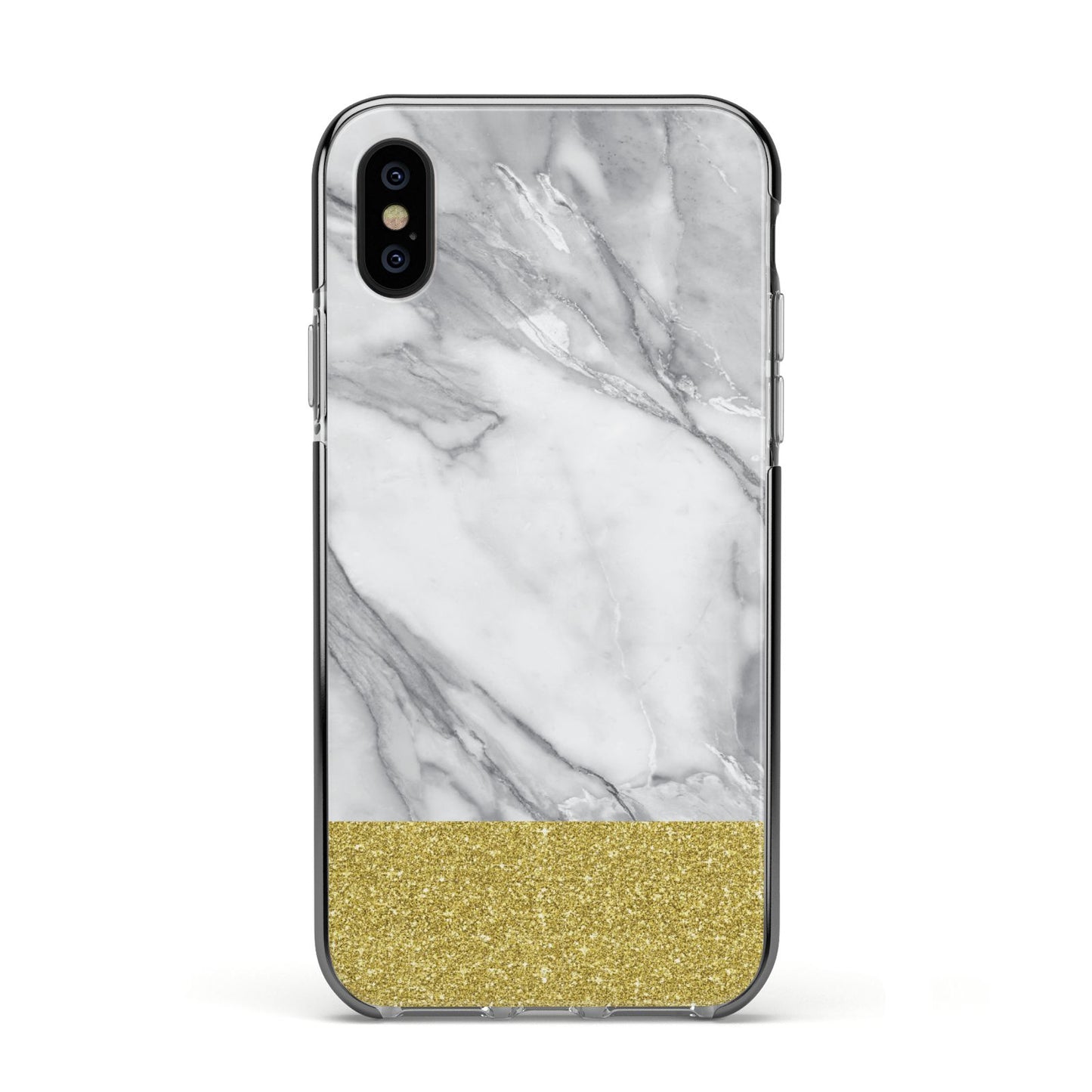 Marble Grey White Gold Apple iPhone Xs Impact Case Black Edge on Black Phone