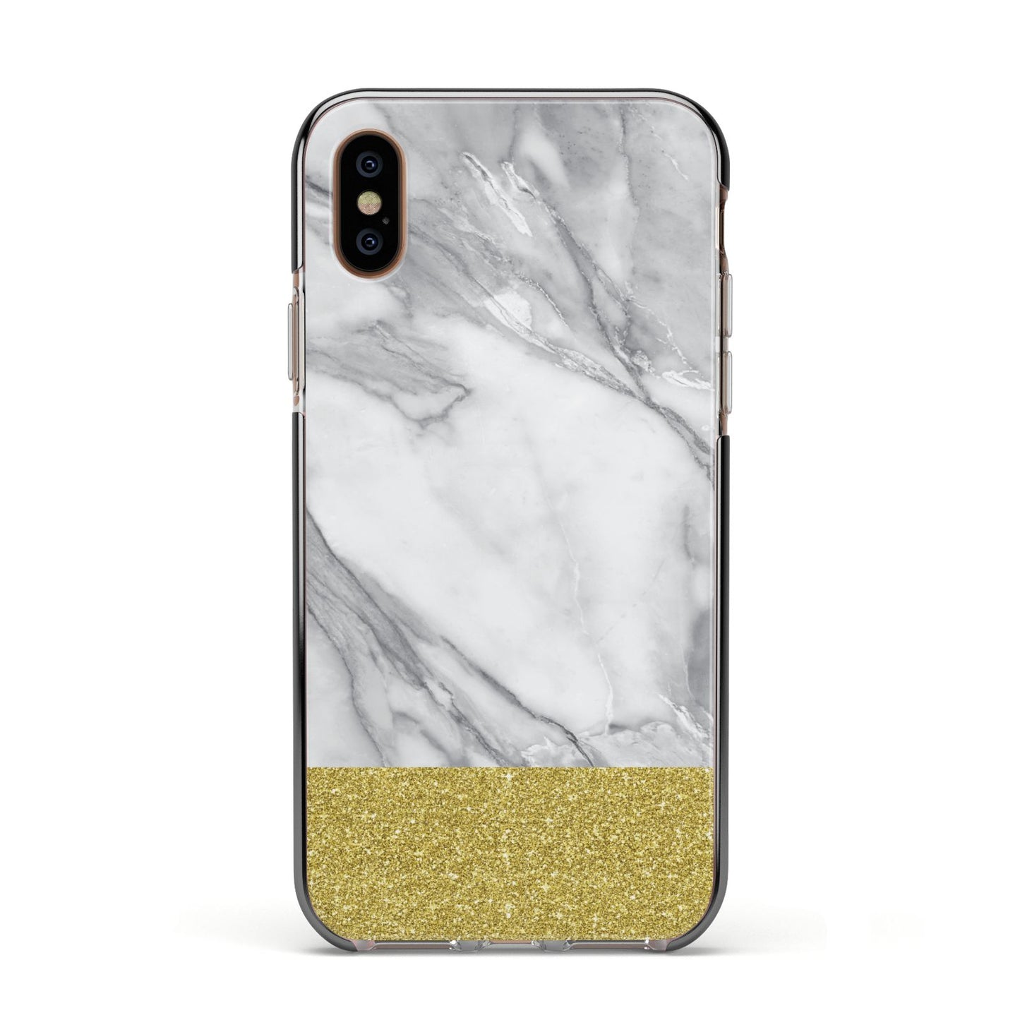 Marble Grey White Gold Apple iPhone Xs Impact Case Black Edge on Gold Phone