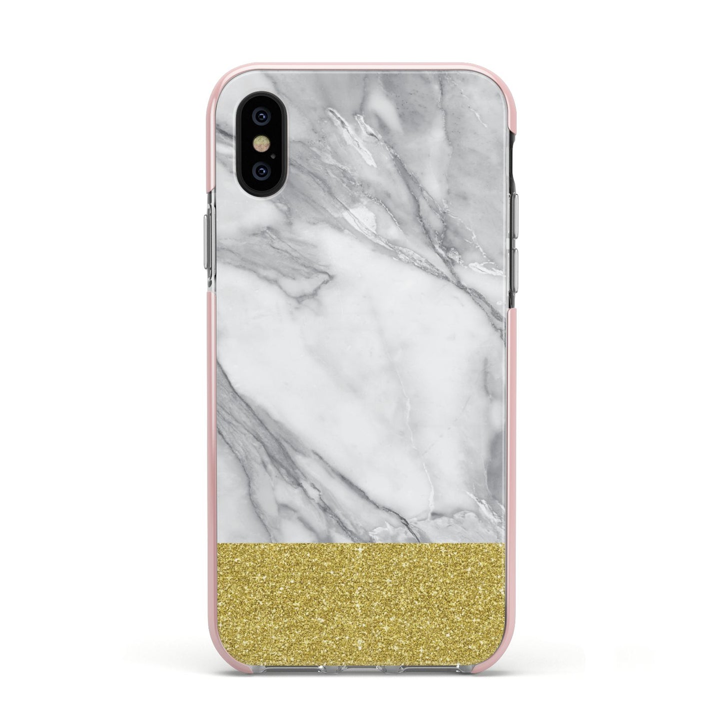 Marble Grey White Gold Apple iPhone Xs Impact Case Pink Edge on Black Phone