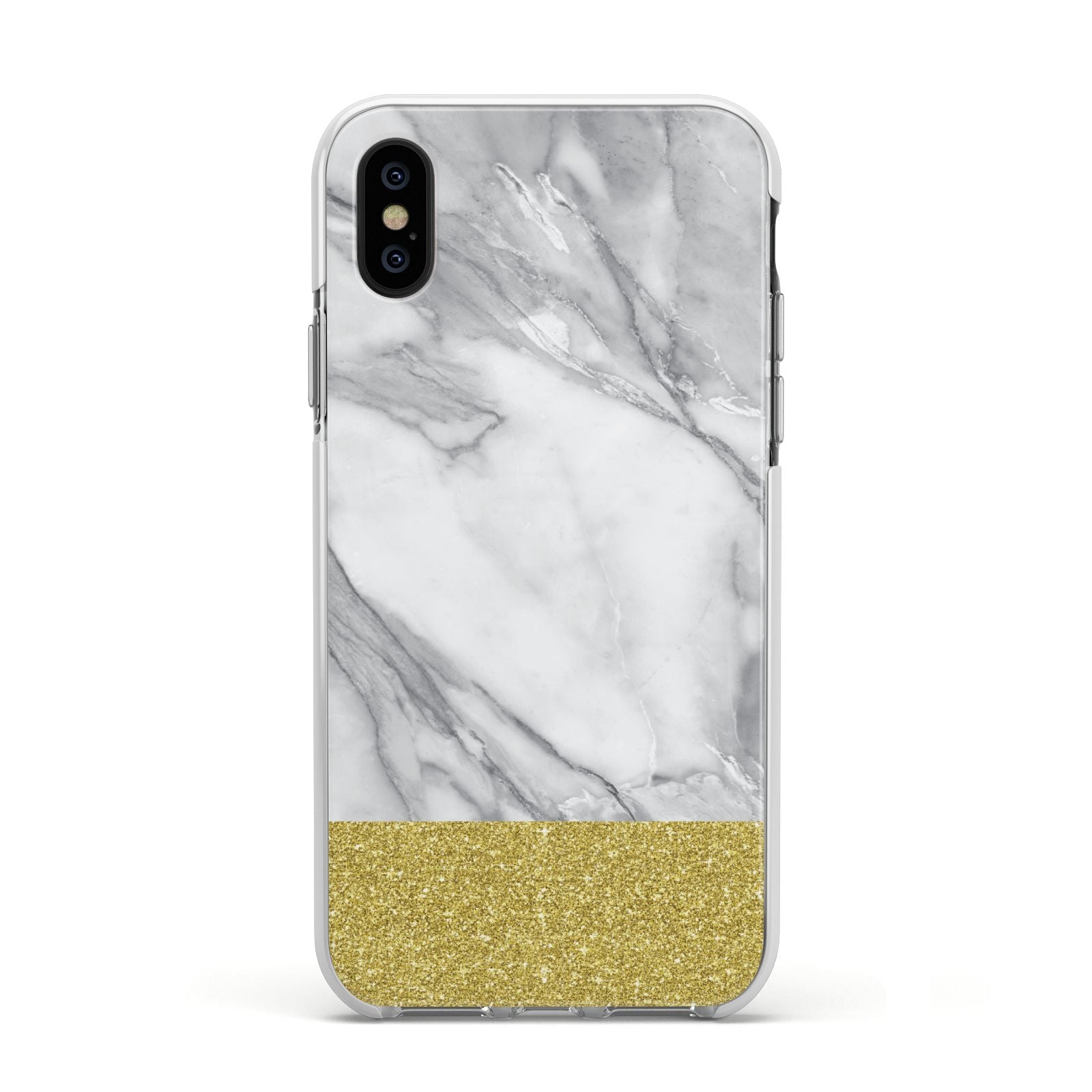 Marble Grey White Gold Apple iPhone Xs Impact Case White Edge on Black Phone