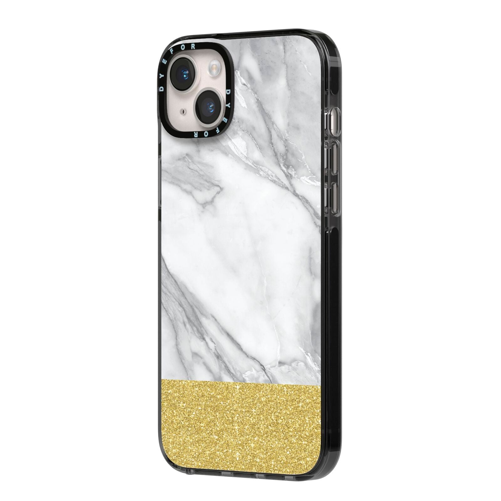 Marble Grey White Gold iPhone 14 Plus Black Impact Case Side Angle on Silver phone