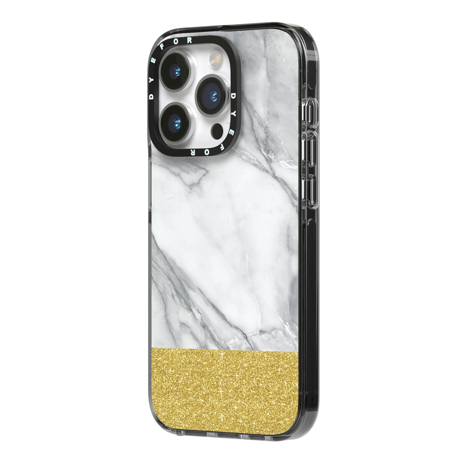 Marble Grey White Gold iPhone 14 Pro Black Impact Case Side Angle on Silver phone