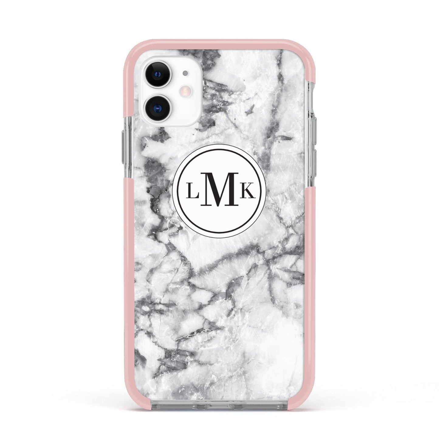 Marble Initials Circle Personalised Apple iPhone 11 in White with Pink Impact Case