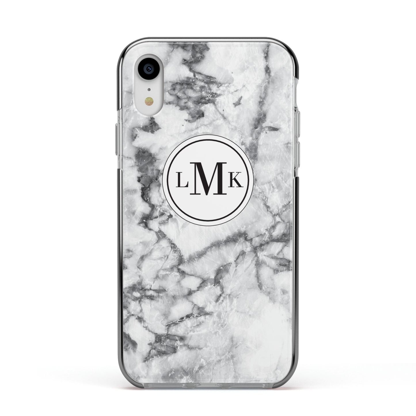 Marble Initials Circle Personalised Apple iPhone XR Impact Case Black Edge on Silver Phone