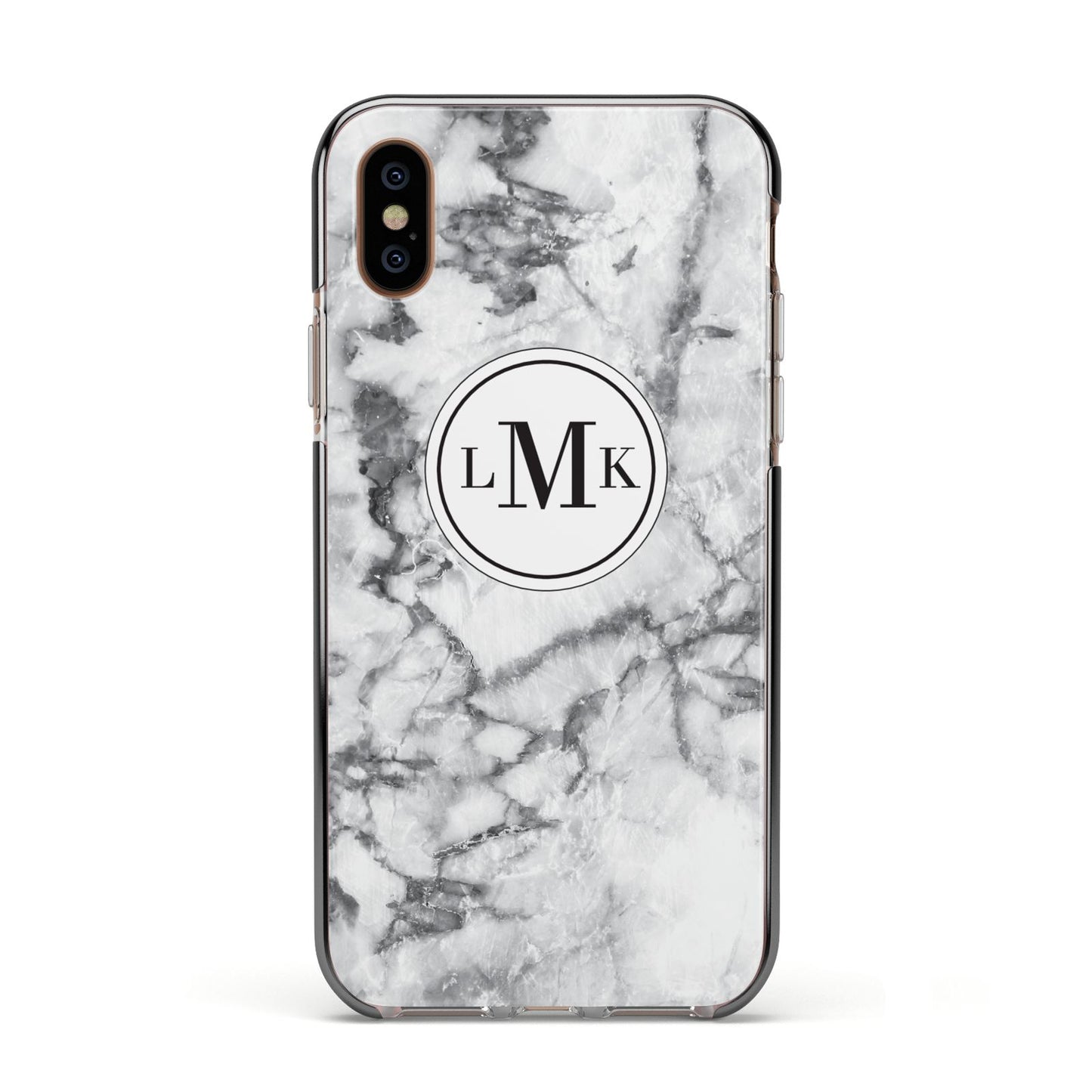 Marble Initials Circle Personalised Apple iPhone Xs Impact Case Black Edge on Gold Phone