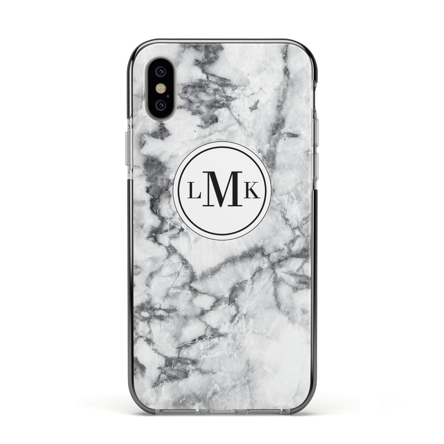 Marble Initials Circle Personalised Apple iPhone Xs Impact Case Black Edge on Silver Phone