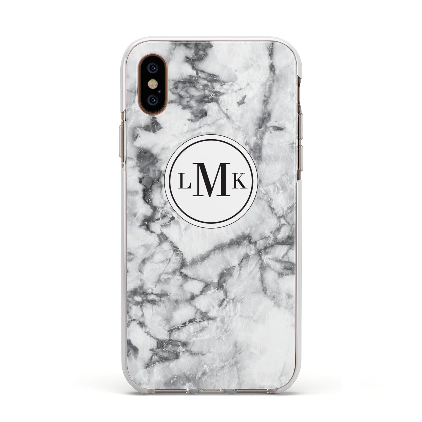 Marble Initials Circle Personalised Apple iPhone Xs Impact Case White Edge on Gold Phone
