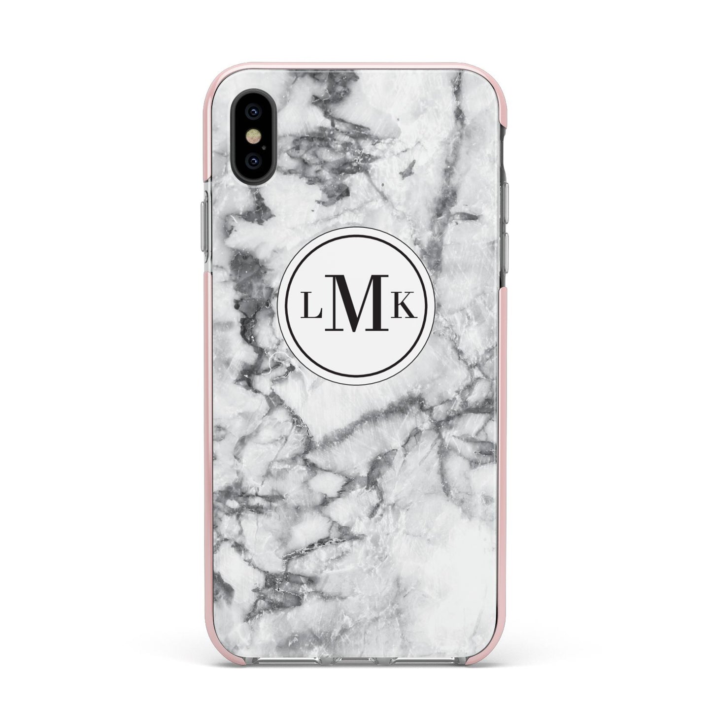 Marble Initials Circle Personalised Apple iPhone Xs Max Impact Case Pink Edge on Black Phone