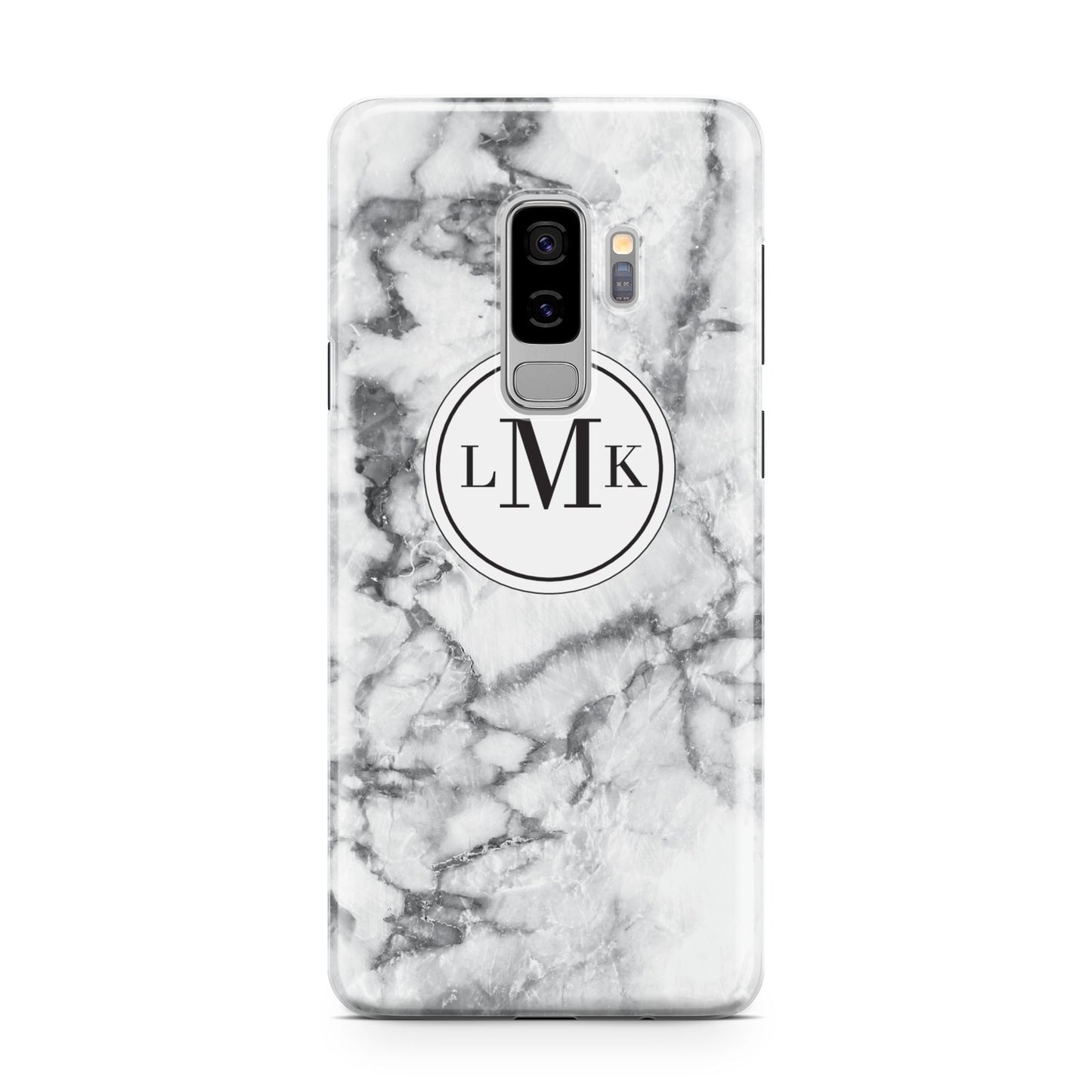 Marble Initials Circle Personalised Samsung Galaxy S9 Plus Case on Silver phone