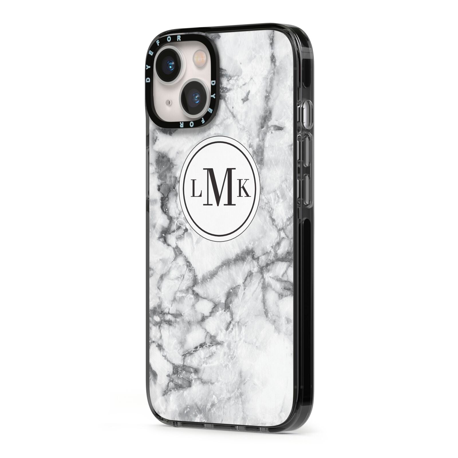 Marble Initials Circle Personalised iPhone 13 Black Impact Case Side Angle on Silver phone